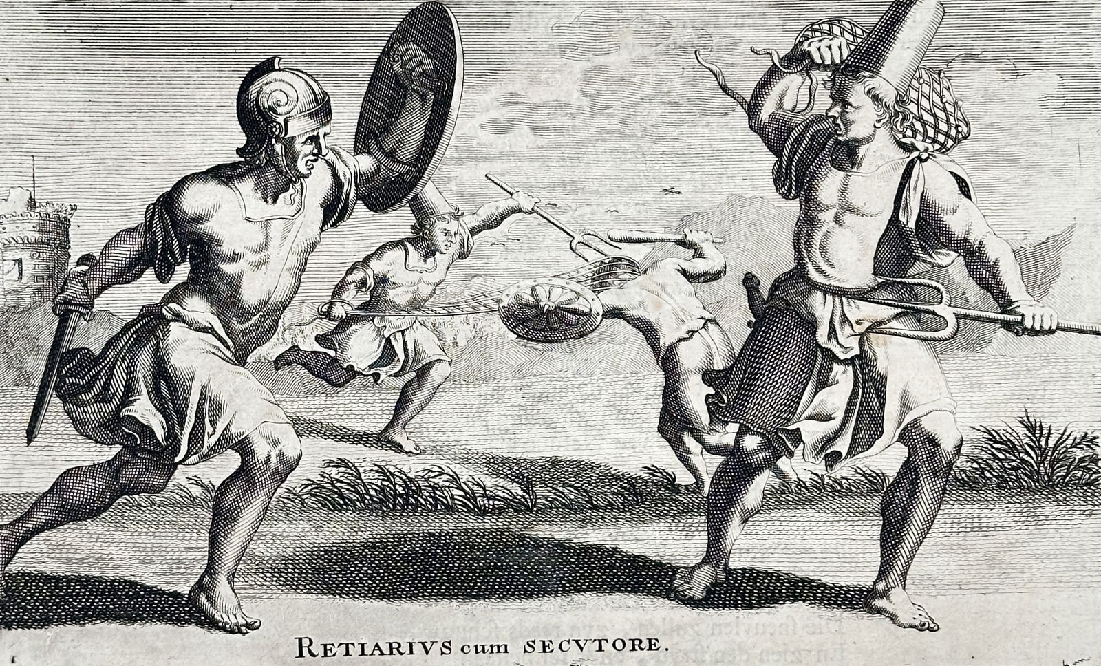 Jan Goeree (1670–1731) – Retiarius against Secutor – Copperplate engraving (1705) (1 of 3)
