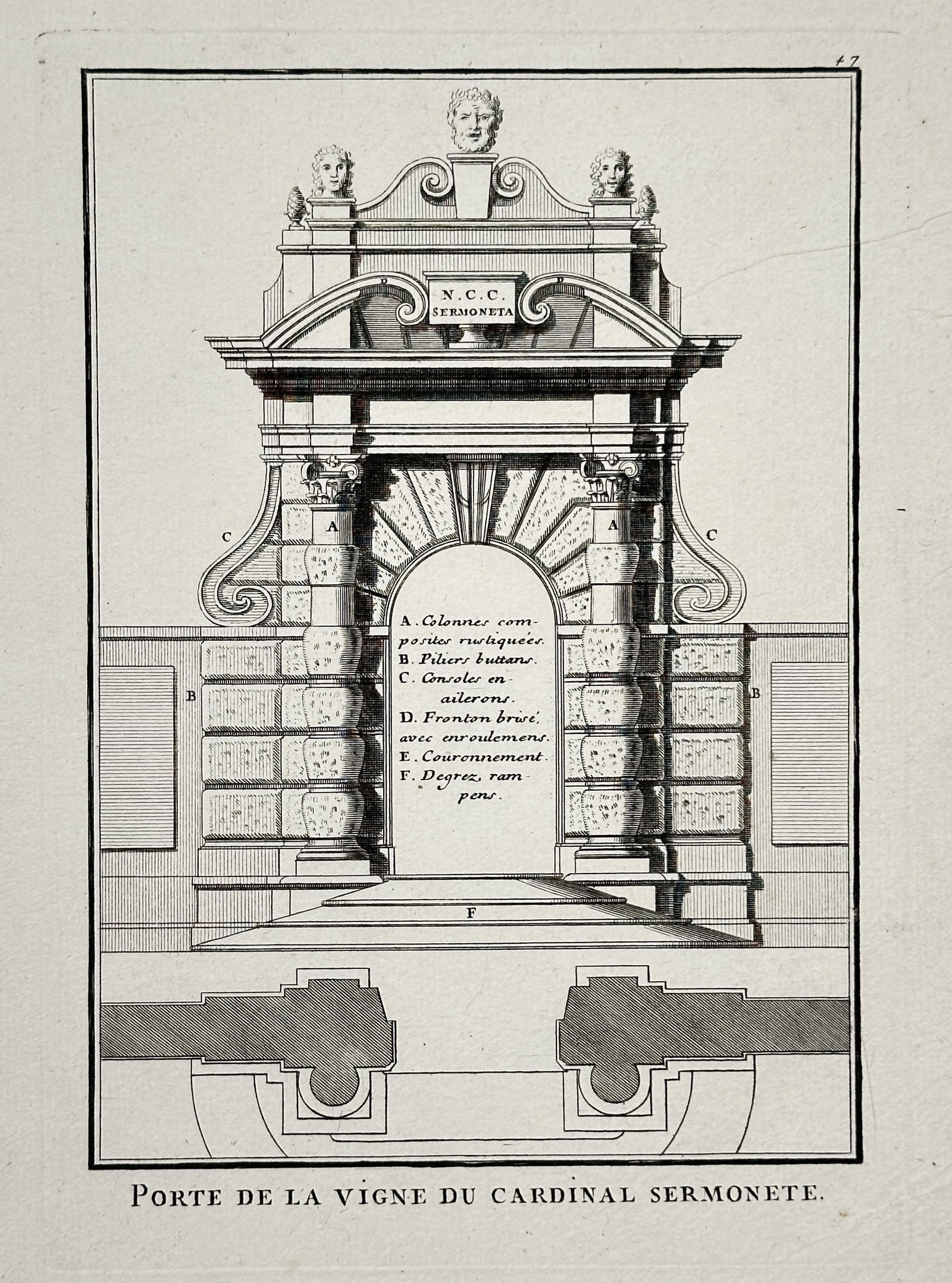 Giacomo Barozzi – Gate of Cardinal Sermonete's Villa, Rome – Copperplate engraving (18th: This copperplate engraving displays the detailed elevation of the Gate of Cardinal Sermonete's Villa, an architectural model noted for its elaborate, rusticated stonework, engaged columns, and ornate