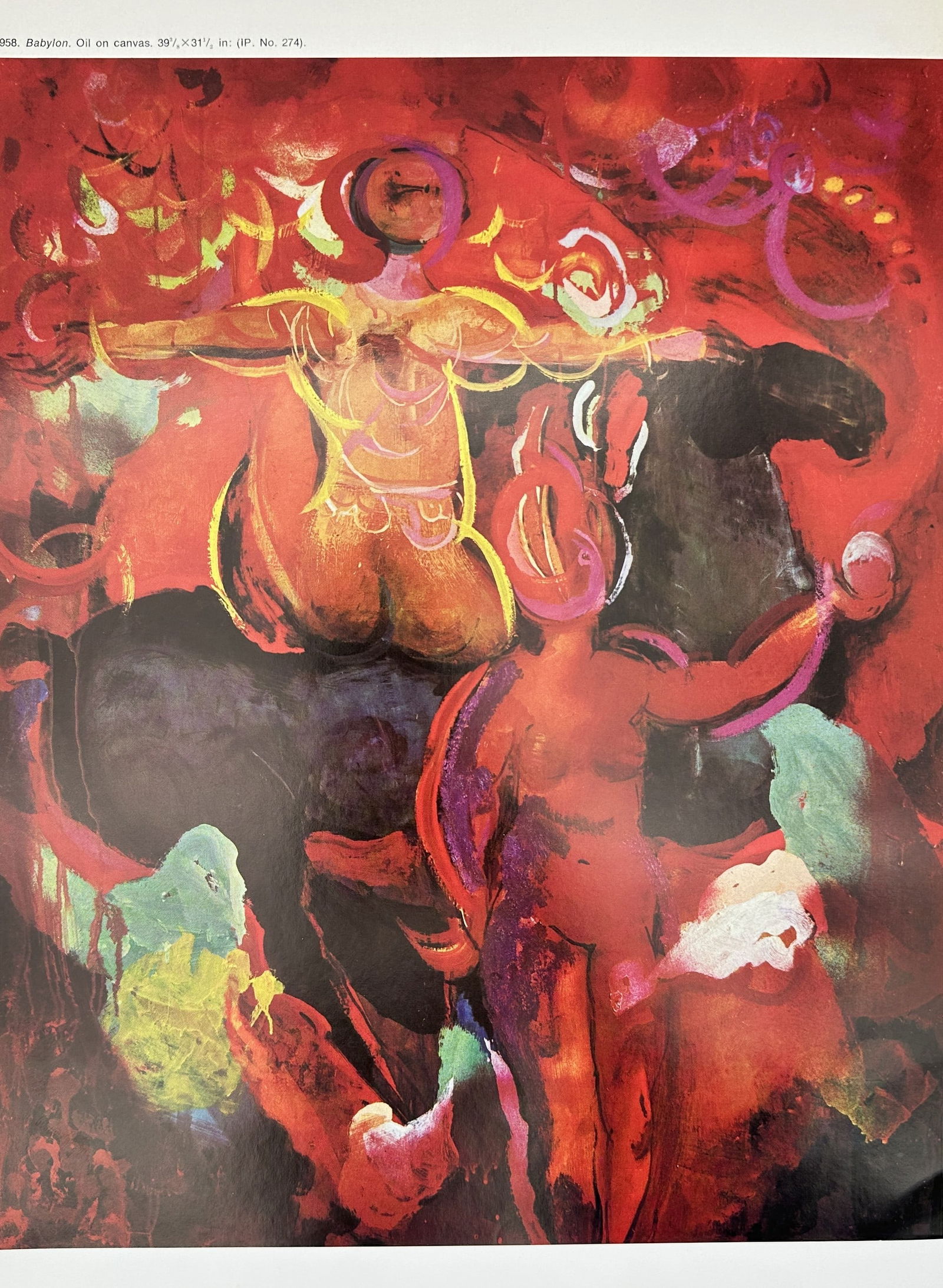 Marino Marini (1901–1980), after – Babylon – Offset print (20th Century): This offset print reproduces the 1958 work titled Babylon, characterized by its vivid red palette and expressive, semi-abstract figures. Marino Marini was a prominent Italian artist best known for his