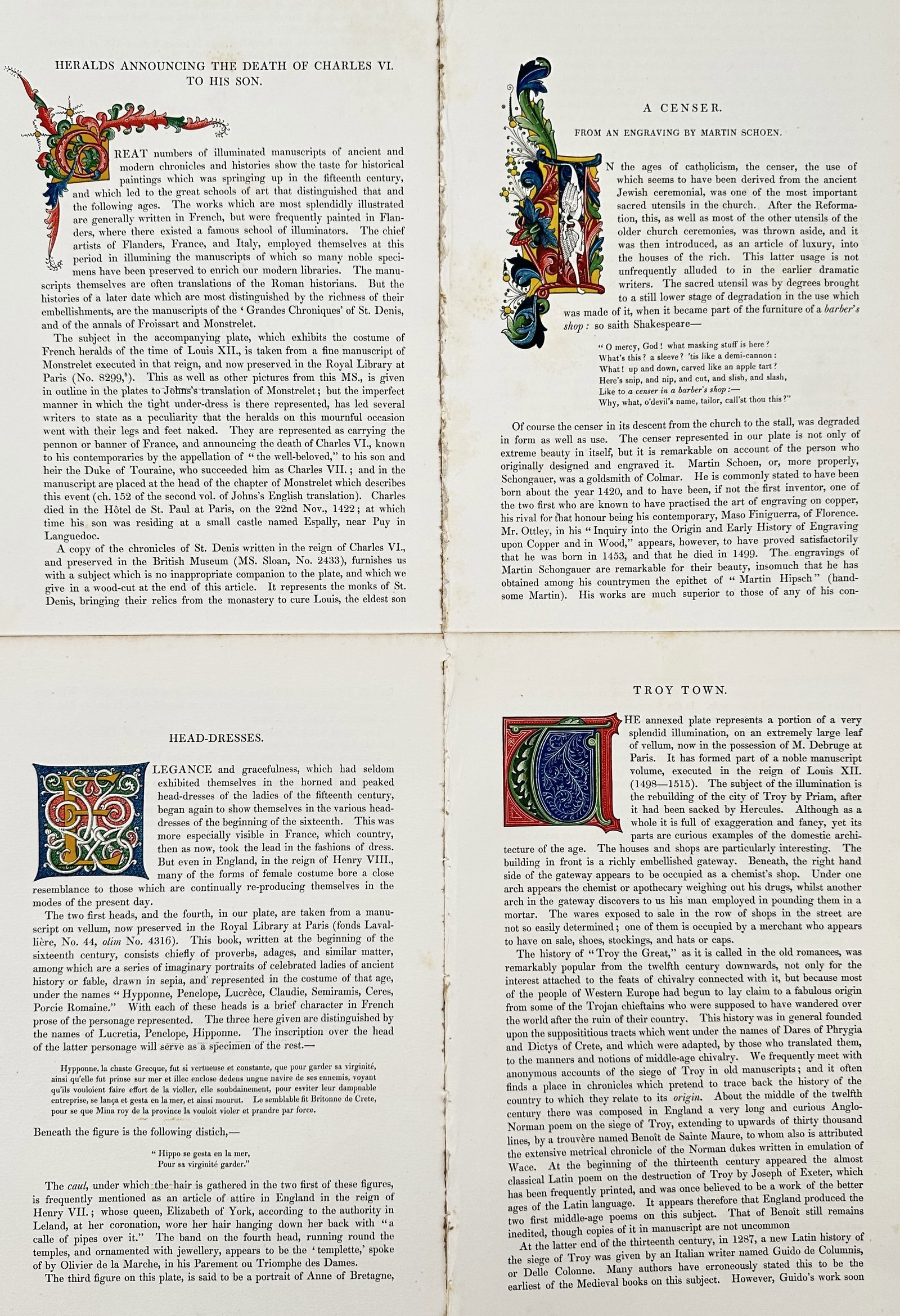 Henry Shaw – Set of 4: Illuminated Initials and Medieval History – Wood engraving (1843): This set of 4 wood engravings features intricate illuminated initials and detailed historical text on subjects such as 'Heralds Announcing the Death of Charles VI', 'A Censer', 'Head-dresses', and 'Tr