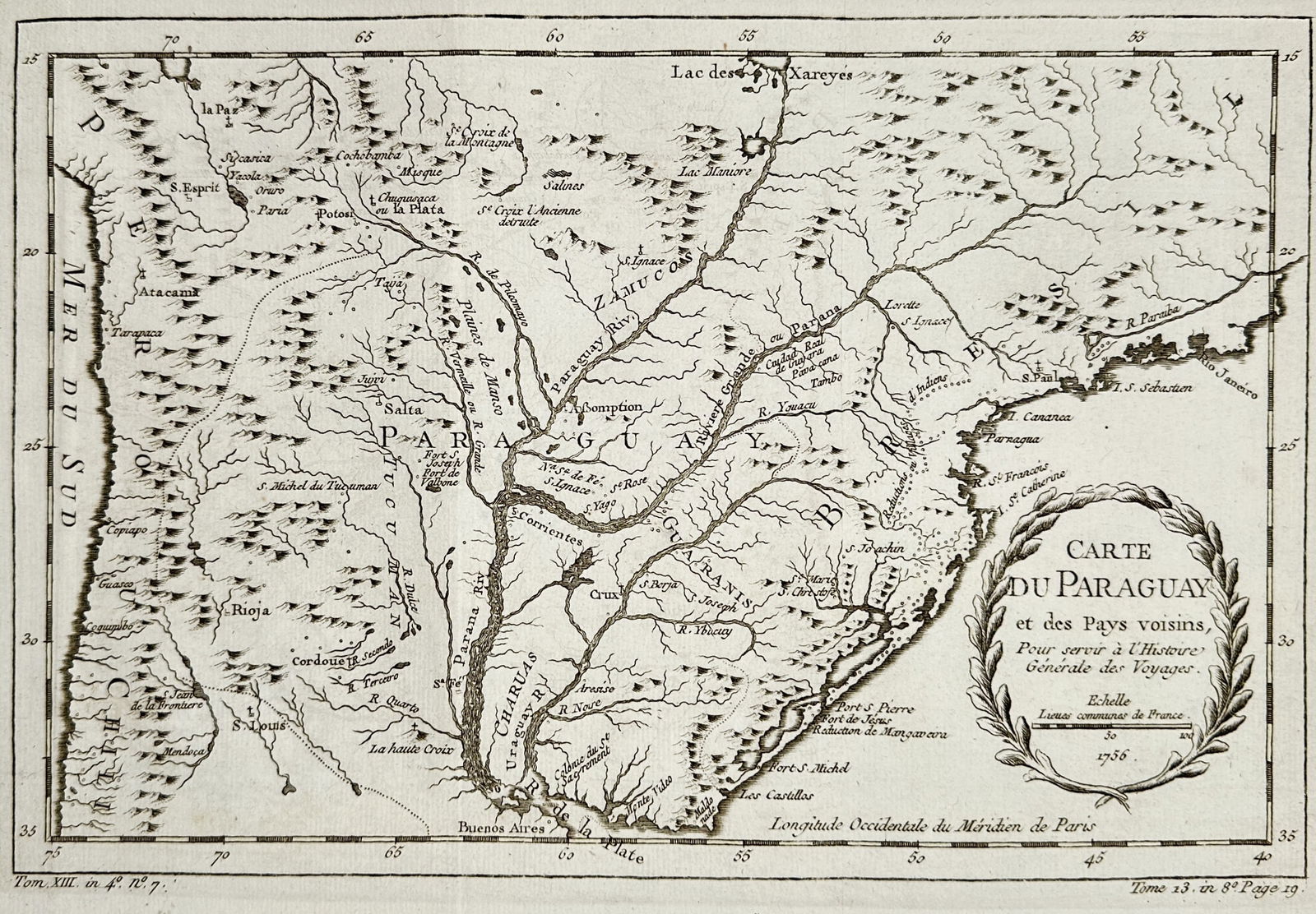 Jacques-Nicolas Bellin (1703–1772) – Map of Paraguay and Neighboring Regions – Copper: This copper engraving is a detailed regional map of Paraguay and the surrounding countries, focusing on the complex network of rivers including the Paraguay and Paraná systems. The map was engraved b