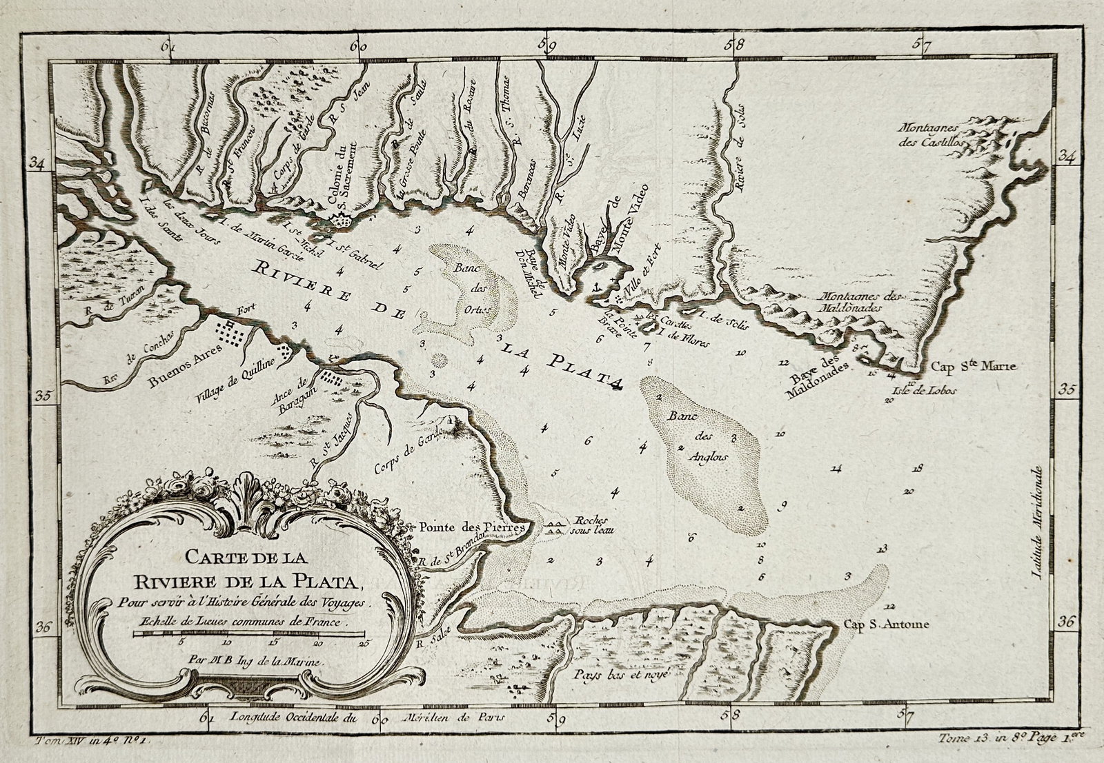 Jacques-Nicolas Bellin (1703–1772) – Map of the River Plate (Riviere de la Plata), South America: This copper engraving provides a nautical map of the River Plate (Riviere de la Plata) estuary in South America, showing coastal details, banks, and soundings along the border regions of Argentina and