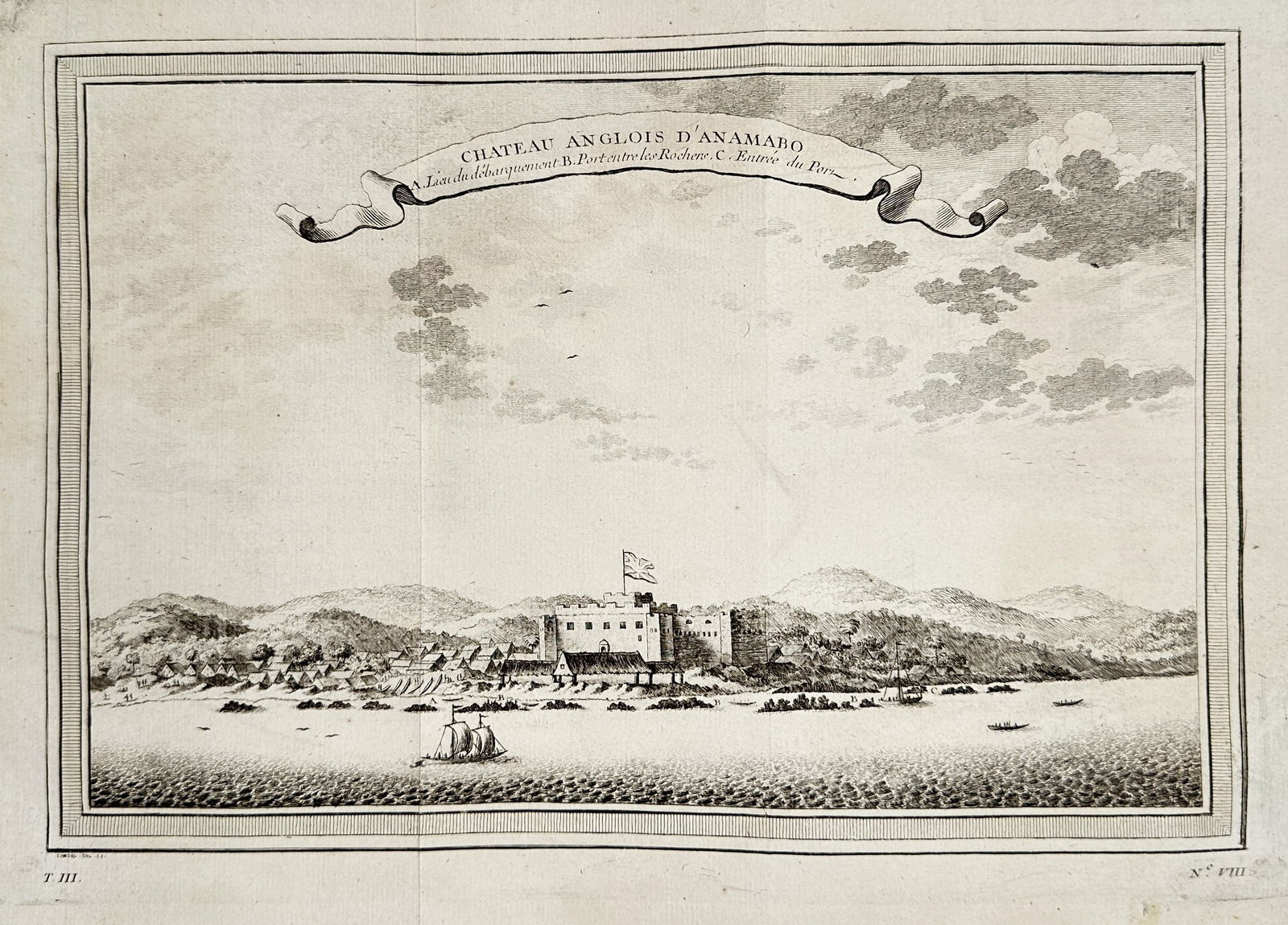 Abbé Prévost (1697–1763) – View of Anamabo Castle (English), Ghana – Copper engraving (c.: This copper engraving presents a topographical view of Anamabo Castle on the Gold Coast of Ghana, depicting the English-held fortifications situated on the coastline with surrounding hills. The view o