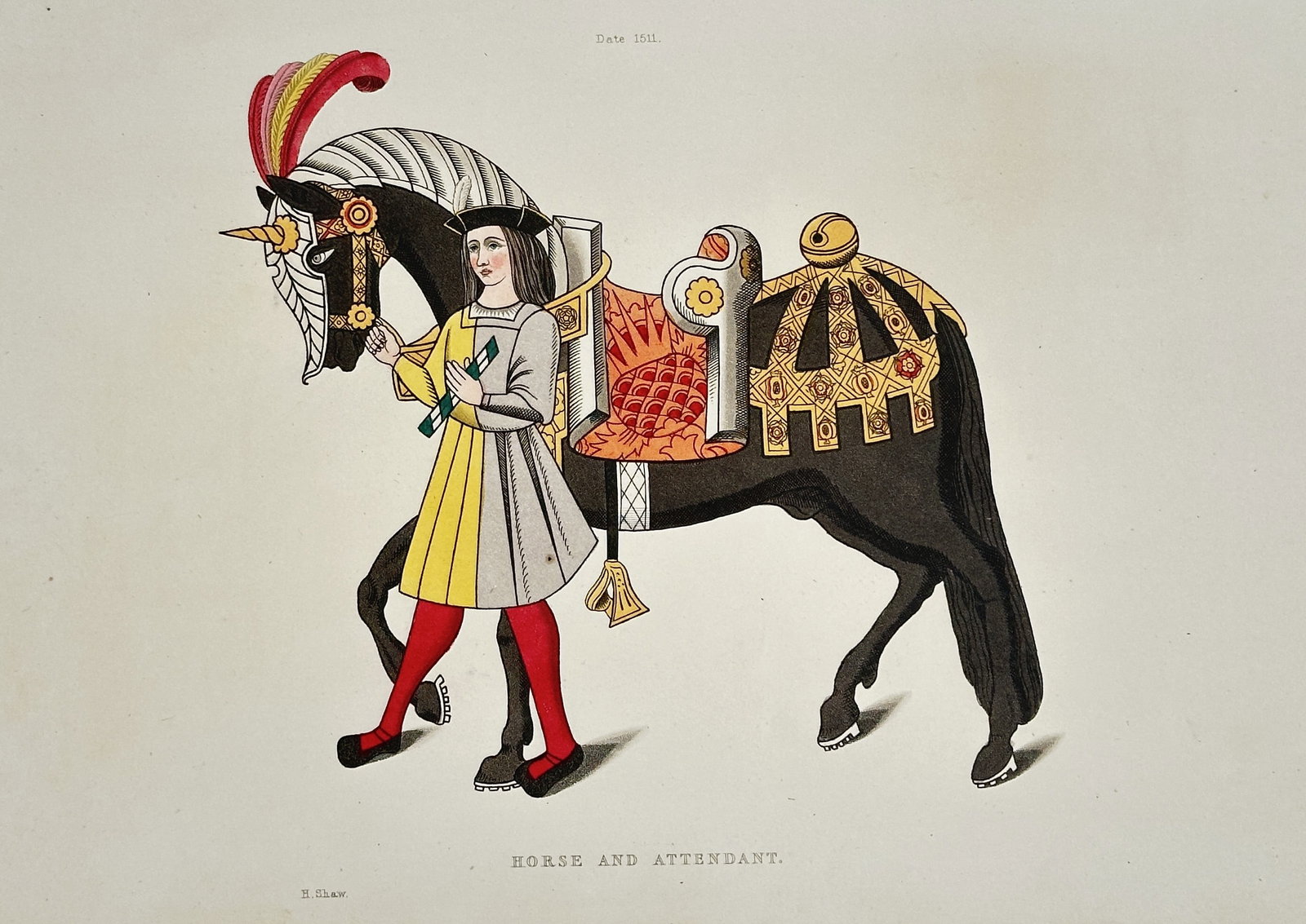 Henry Shaw (1800–1873) – Horse and Attendant in Medieval Decoration: This hand-colored engraving depicts a horse richly adorned with elaborate caparison and saddle decorations, being led by an attendant in historical costume, serving as an illustration of medieval fash