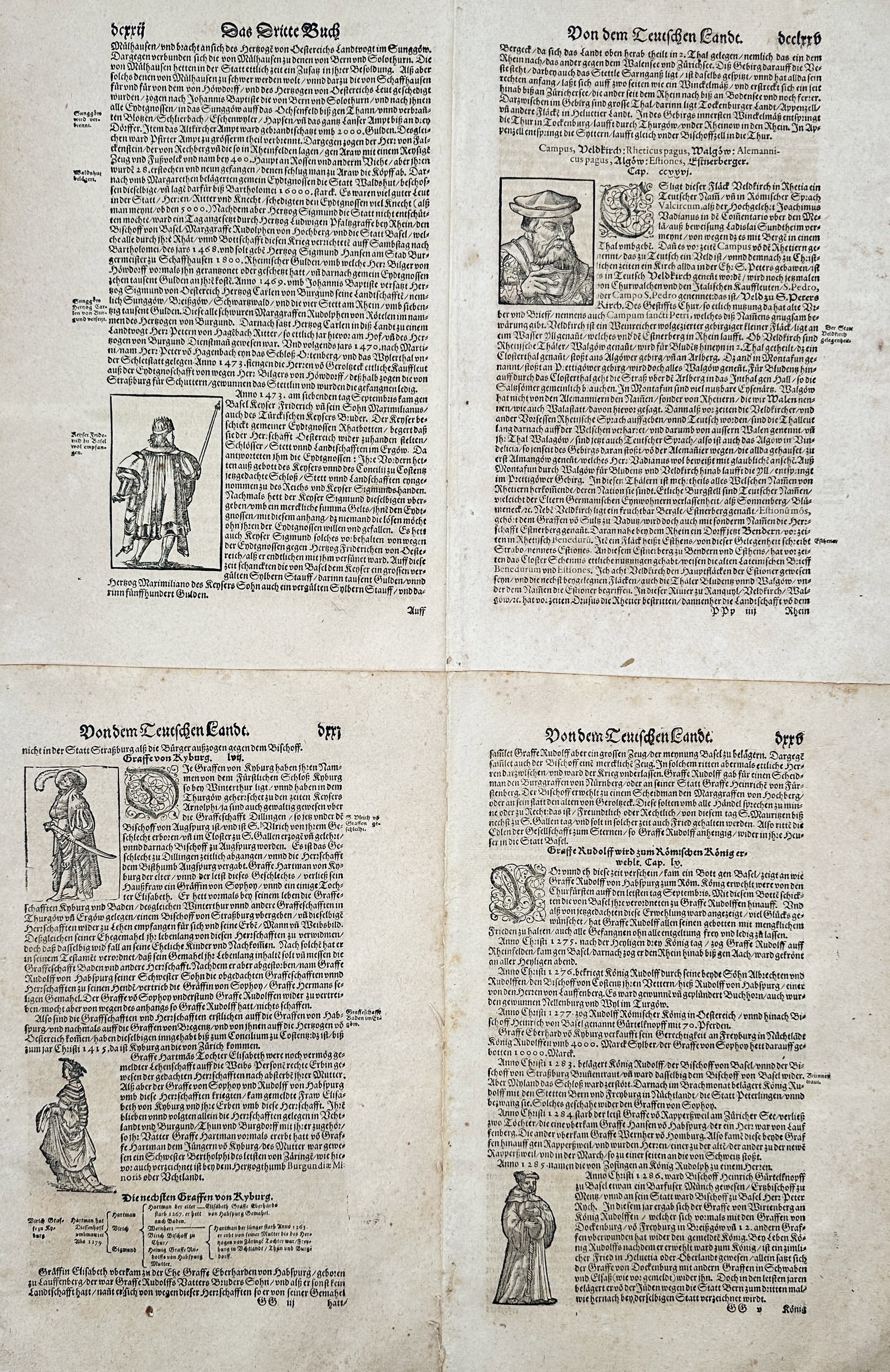 Sebastian Munster – Set of 4: Illustrated Pages from Cosmographia, depicting German History and: This set of 4 woodcut illustrated text pages contains early printed text in German (Fraktur) detailing the history, geography, and various costumes and historical figures of the German lands. The page