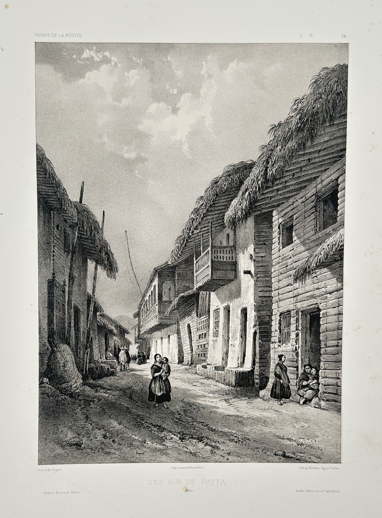 Auguste Laurent (fl. 1830s) – View of a Street in Payta (Paita), Peru – Lithograph (c. 1836) (1 of 2)