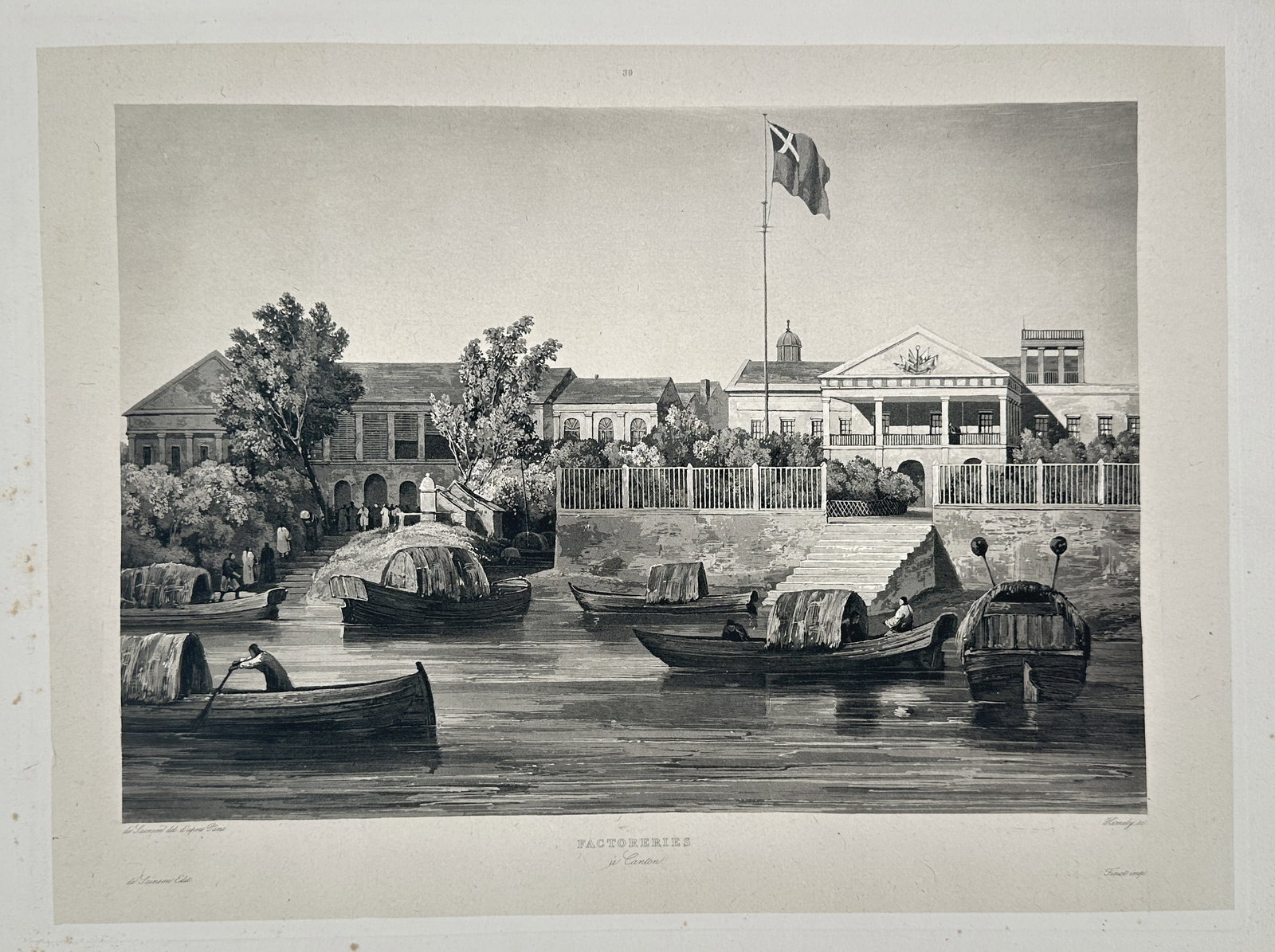 Louis-Auguste de Sainson – View of the Dutch Factory at Canton (Guangzhou), China – Lithograph: This lithograph depicts a topographical view of the Dutch Factory (trading post) at Canton (Guangzhou), China, seen from the river, featuring colonial architecture and Chinese river traffic in the for