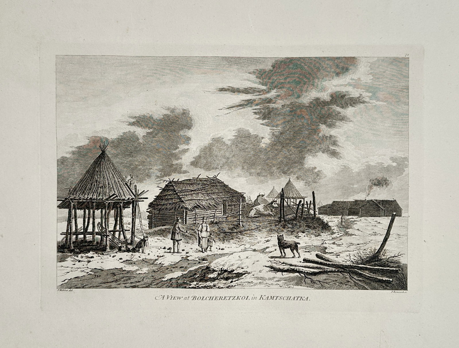 John Webber (1751–1793) – View of Bolcheretskoi, Kamchatka, Russia – Copper engraving (c.: This copper engraving depicts a view of the Russian settlement of Bolcheretskoi in Kamchatka, showing traditional Kamchadalian structures and inhabitants in the foreground. The illustration was create