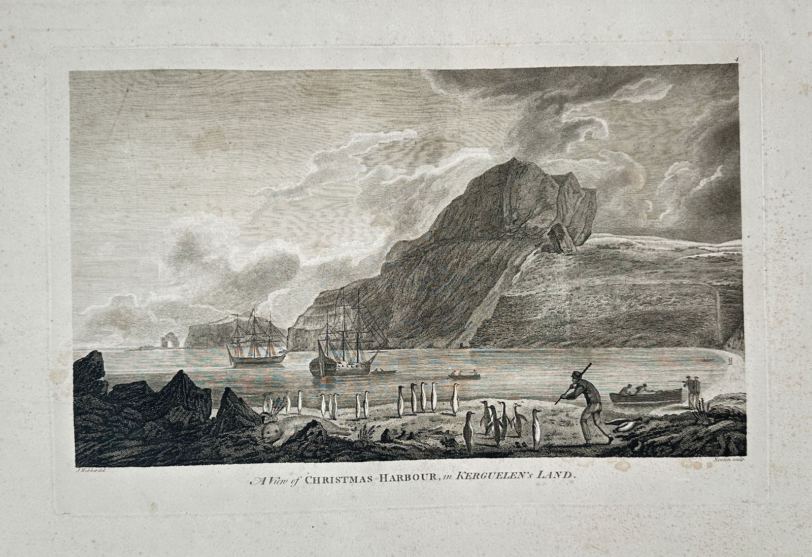 John Webber (1751–1793) – View of Christmas Harbour, Kerguelen Islands – Copper engraving (c.: This copper engraving depicts a rugged view of Christmas Harbour in Kerguelen Islands (Kerguelen's Land), showing ships anchored in the bay, high cliffs, and sailors setting up camp on the rocky shore
