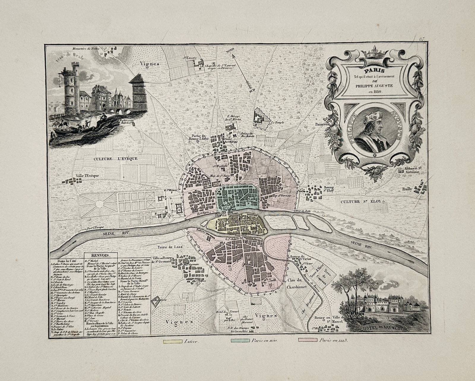 Jean Migeon – Historical Map of Paris under Philippe Jean-Roy (c. 1200) – Colored steel (1 of 2)
