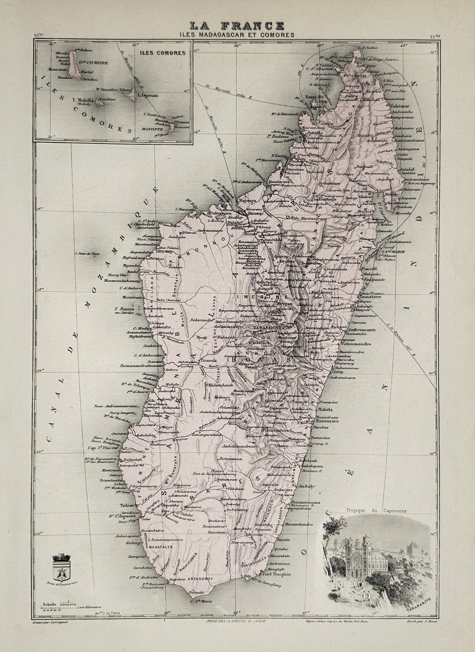 Jean Migeon – Map of Madagascar and the Comoro Islands – Colored steel engraving (c. 1890) (1 of 2)