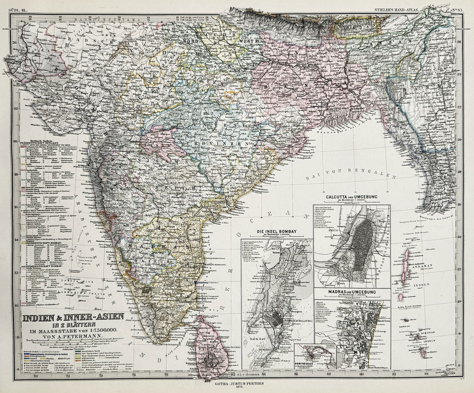 Adolf Stieler (1775–1836) – Map of India and Inner Asia – Colored steel engraving (c. 1870): This detailed geographical map depicts the Indian subcontinent and Inner Asia, including various political divisions, cities, and geographical features. The plate features inset maps of key colonial c