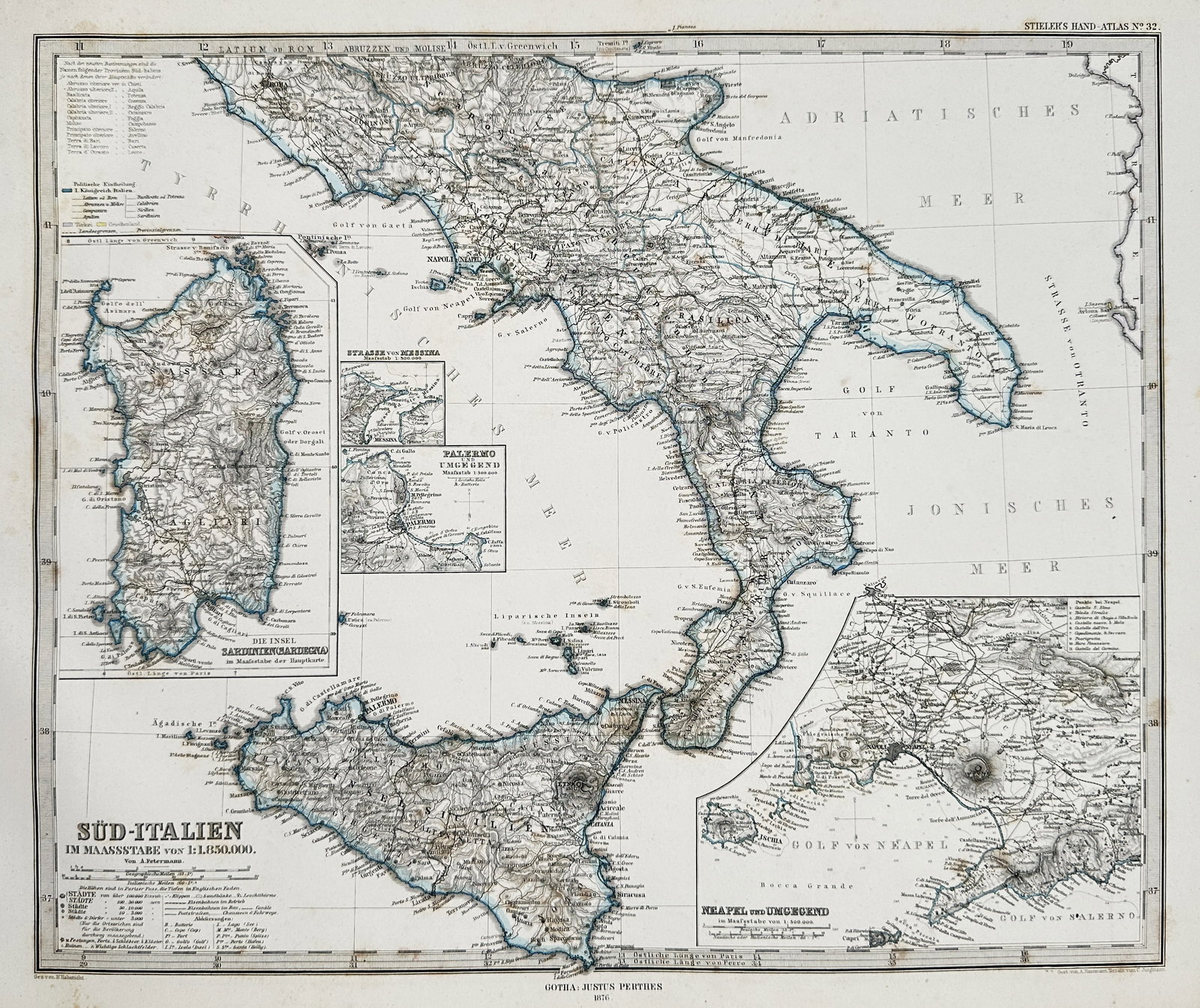 Adolf Stieler (1775–1836) – Map of Southern Italy, Sicily, and Sardinia – Colored steel: This detailed geographical map depicts Southern Italy, including the large islands of Sicily and Sardinia, and the surrounding Adriatic and Ionian Seas. The map highlights mountainous topography and d