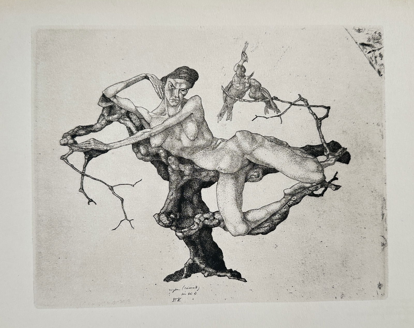 Paul Klee (1879–1940), after – Figure Intertwined with Organic Forms – Etching (20th Century): This etching presents a surreal and highly detailed figurative composition featuring an anguished, nude human figure deeply intertwined with dark, gnarled organic forms resembling dead wood or roots.