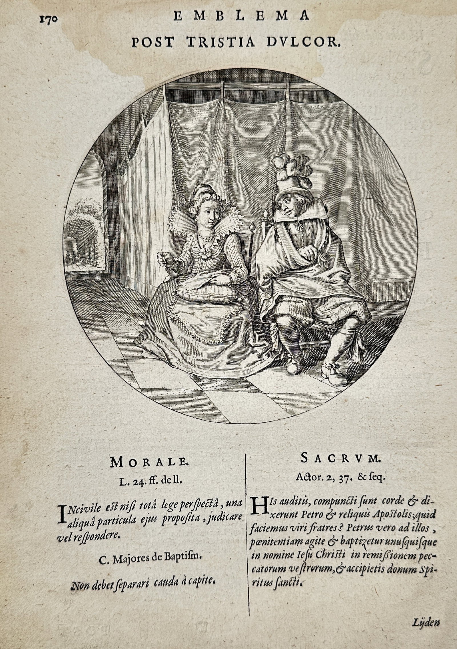 Jacob Cats – Emblem: After Sad Things, Sweetness (Post Tristia Dvlcôr) – Engraving: This print is a page from an emblem book, characterized by a central circular engraving and dual moral/sacred interpretations in Latin letterpress text. The engraving depicts a somber or posed noble c