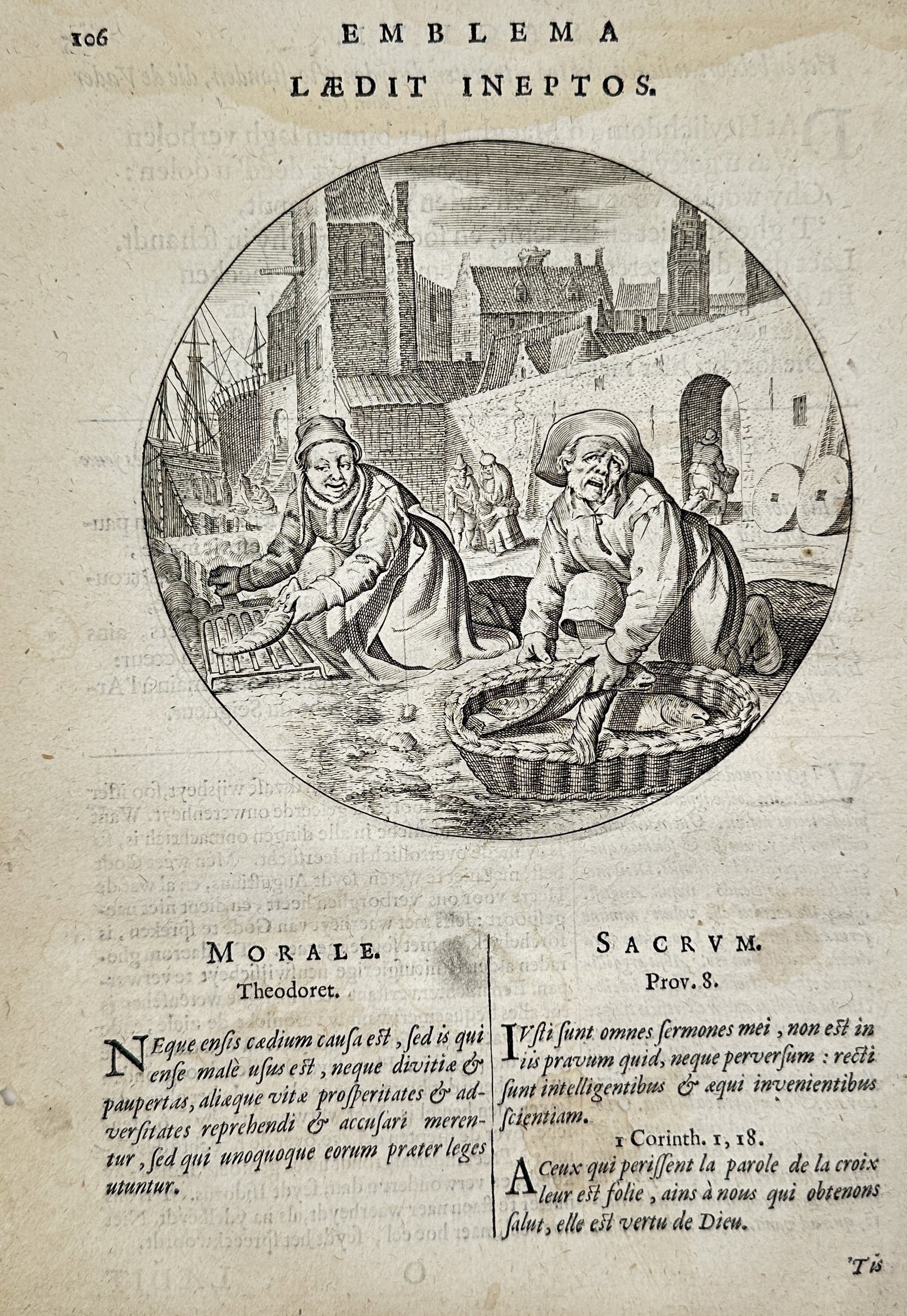 Jacob Cats – Emblem: It Harms the Foolish (Lædit Ineptos) – Engraving and letterpress print: This print is a page from an emblem book, characterized by a central circular engraving and dual moral/sacred interpretations in Latin letterpress text. The engraving depicts two laborers handling fis