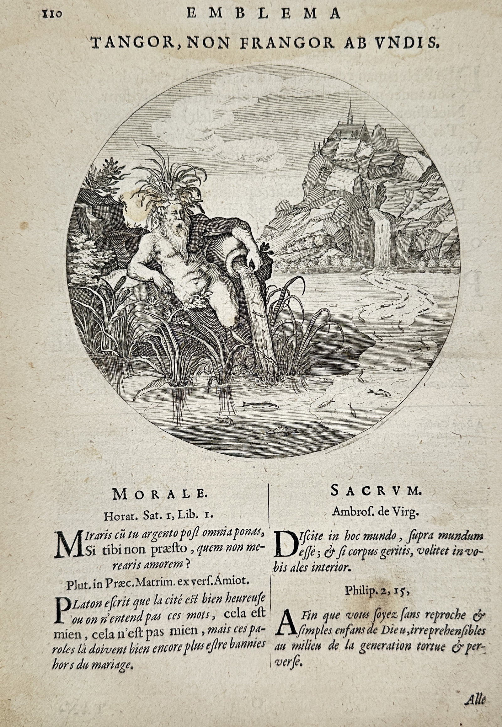 Jacob Cats – Emblem: I Am Touched, Not Broken by the Waves (Tangor, Non Frangor Ab Undis): This print is a page from an emblem book, characterized by a central circular engraving and dual moral/sacred interpretations in letterpress text. The engraving depicts an allegorical figure seated am