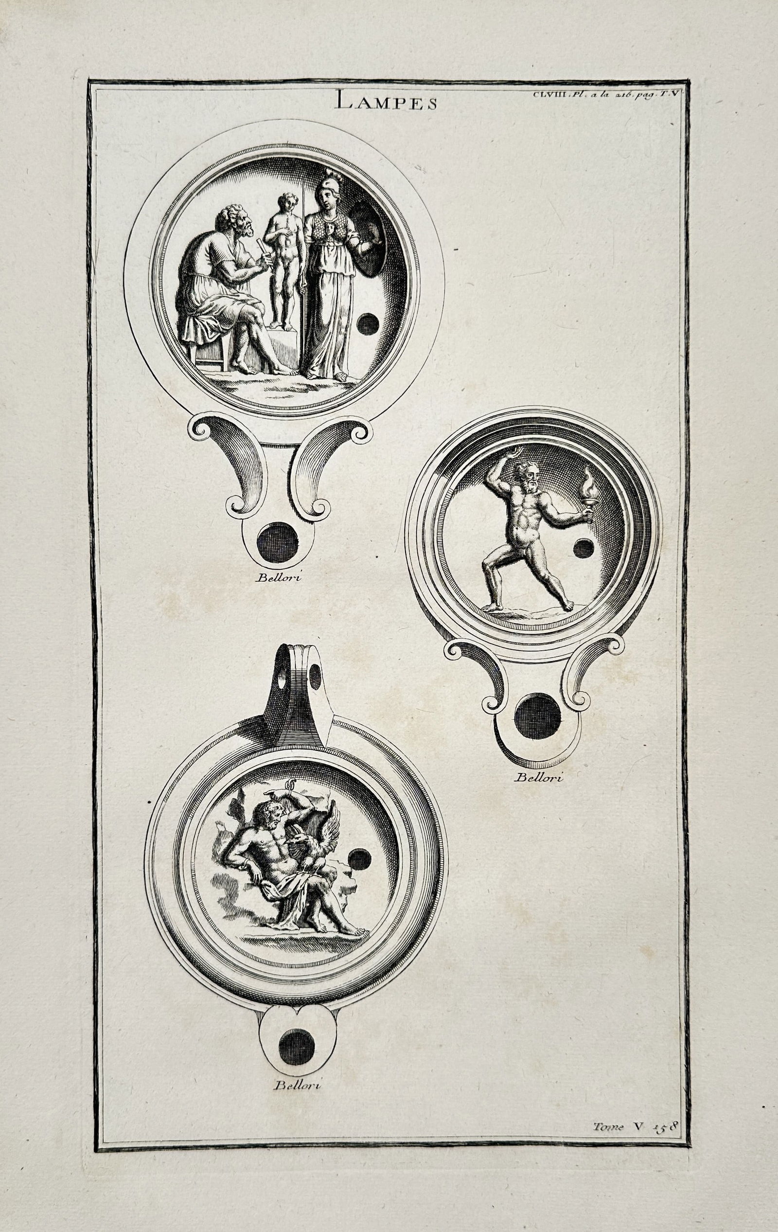 Bernard de Montfaucon – Lamps Depicting Mythological and Contested Scenes – Copperplate (1 of 2)