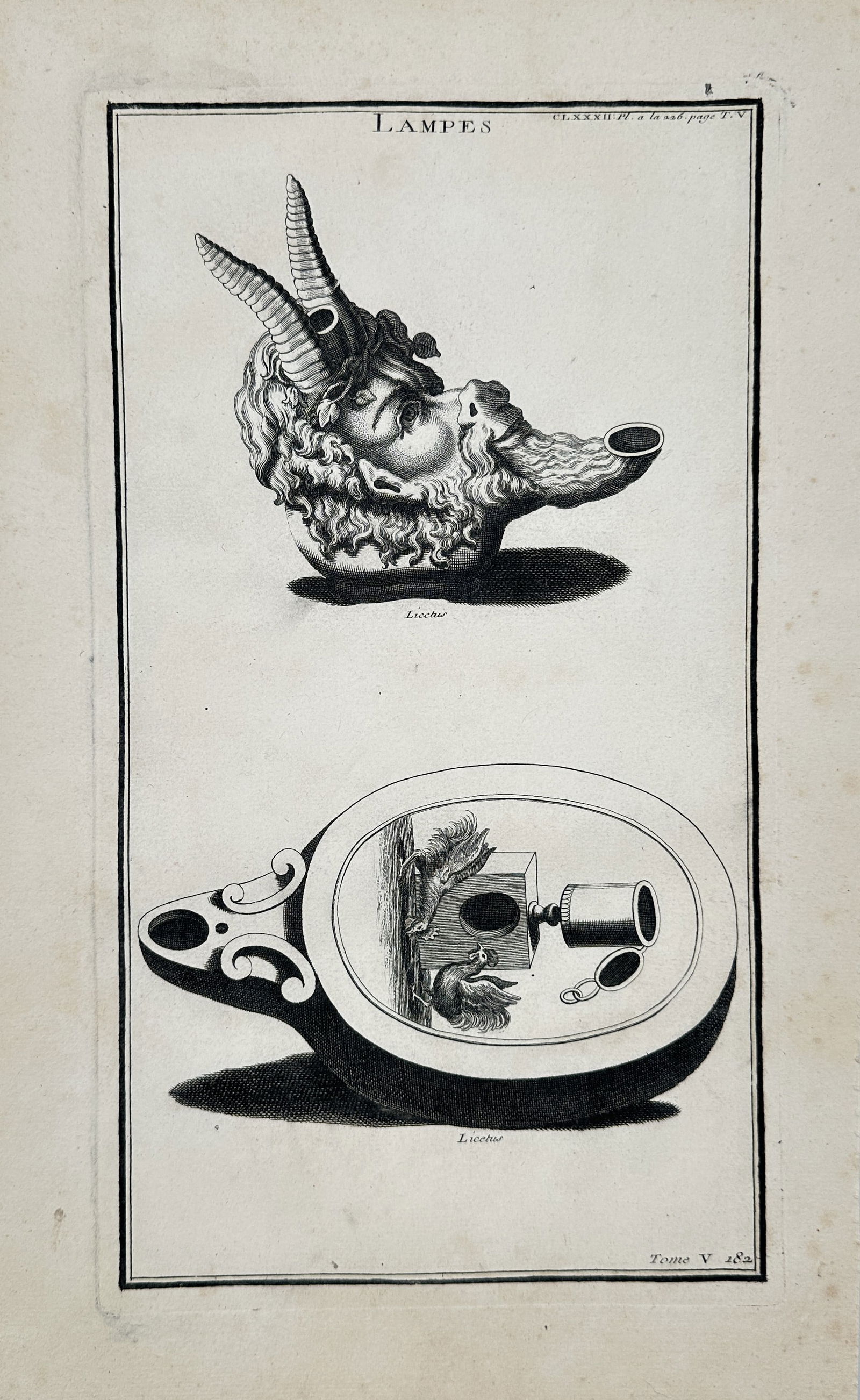 Bernard de Montfaucon – Grotesque Mask Lamp and Internal Structure of a Lamp – Copperplate (1 of 2)