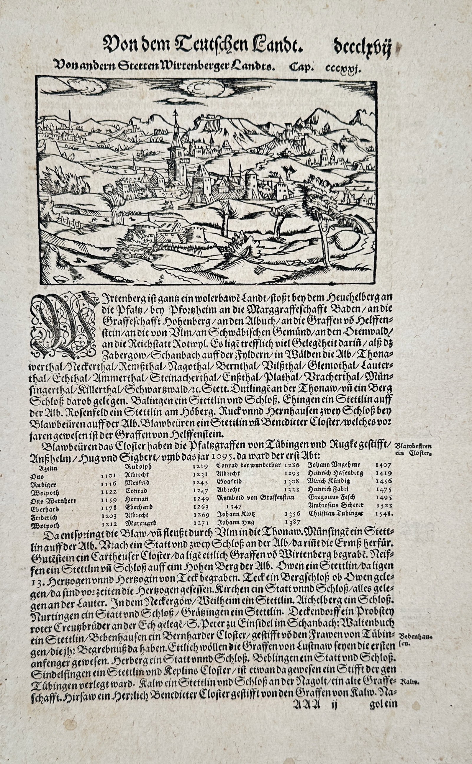 Sebastian Münster (1488–1552) – Text Page with Woodcut Town View of Württemberg: This woodcut print is a textual page from the treatise, featuring extensive German text regarding the history and geography of various cities in the Württemberg region. The page includes a woodcut pa