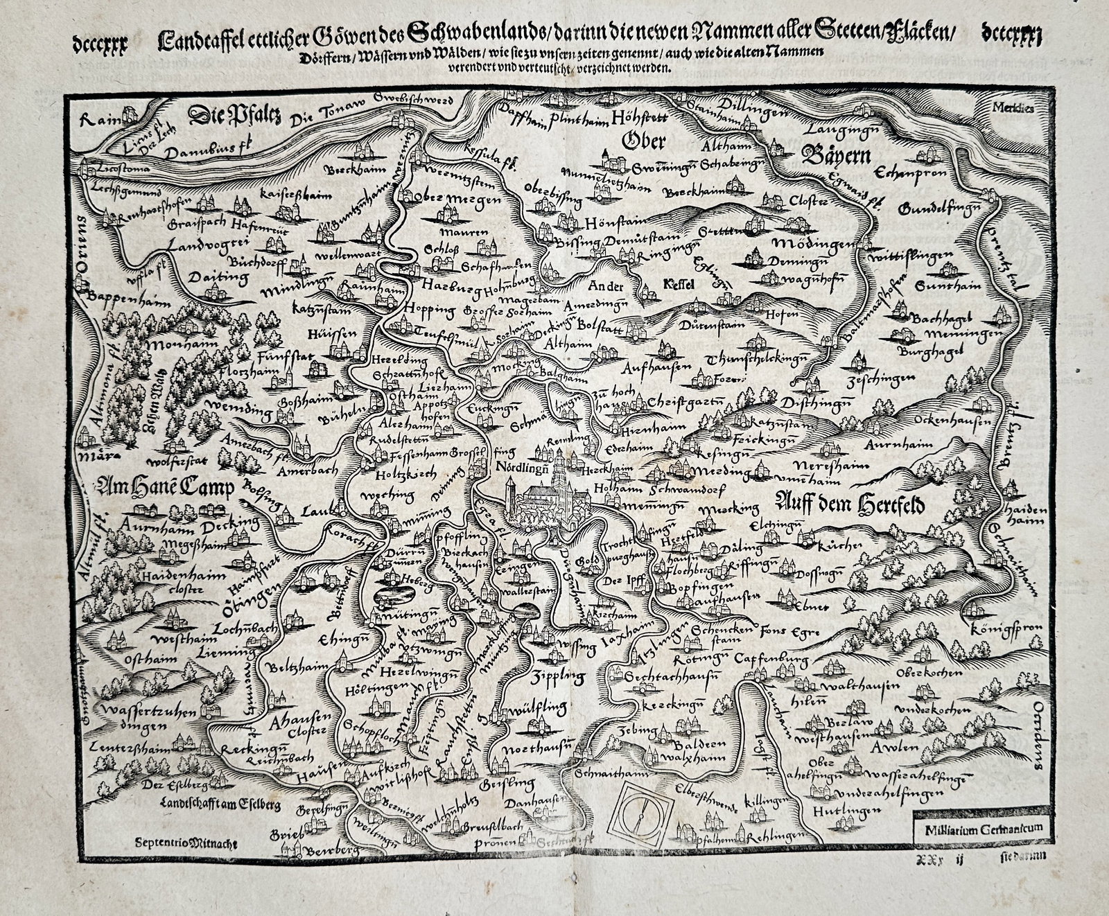 Sebastian Münster (1488–1552) – Map of Swabia and Bavaria, Germany – Woodcut print (1544): This woodcut print is a detailed regional map, likely originally a double-page spread, titled "Regional map of Swabia and Bavaria." The map covers the regions of Schwaben and Oberbayern, illustrating 