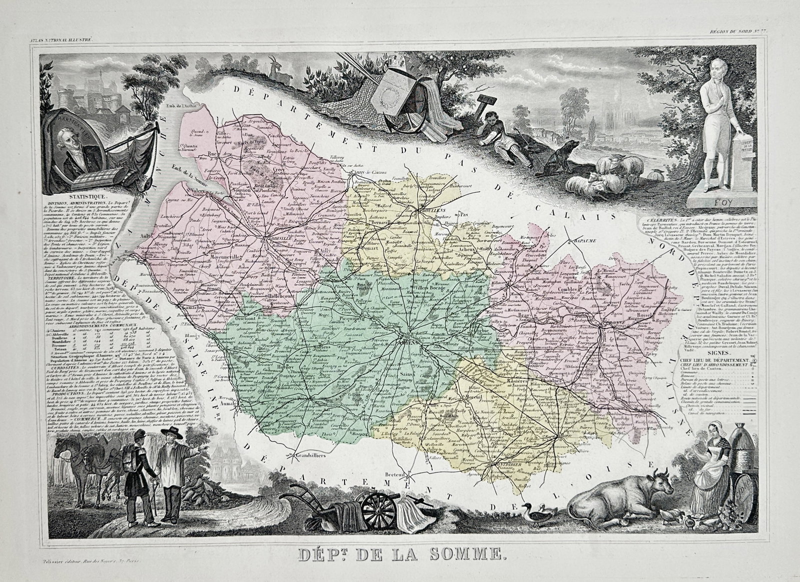 Victor Levasseur (1800–1870) – Map of the Somme Department, France – Lithograph (1852): This lithograph map of the Somme Department, France, is notable for its decorative border and hand-coloring, which distinguishes administrative regions within the department. The map is surrounded by 