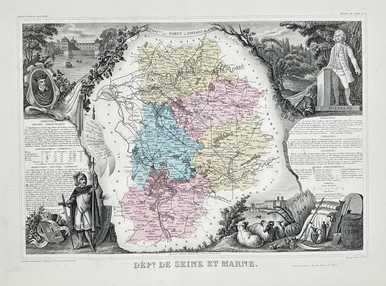 Victor Levasseur (1800–1870) – Map of the Seine-et-Marne Department, France – Lithograph: This lithograph map of the Seine-et-Marne Department, France, is highly decorative and features hand-coloring distinguishing administrative regions. The central map is surrounded by elaborate steel-en