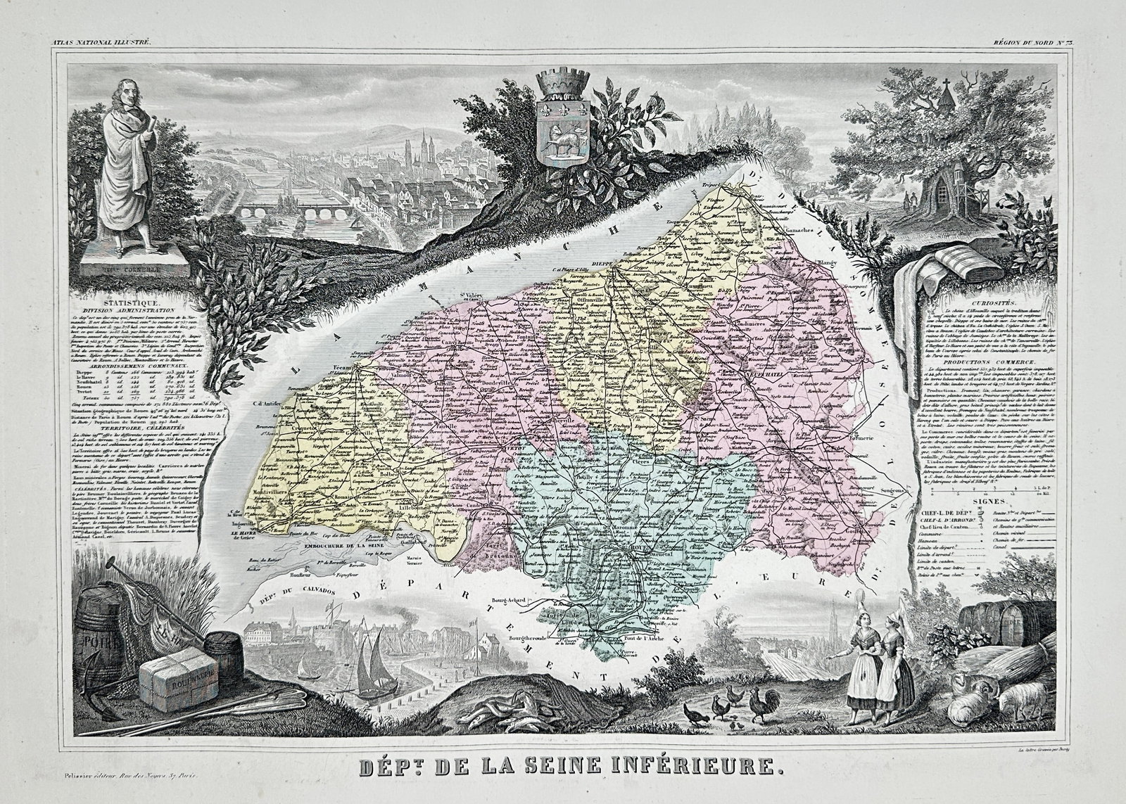 Victor Levasseur (1800–1870) – Map of the Seine-Inférieure Department, France – Lithograph: This lithograph map of the Seine-Inférieure Department, France, is highly decorative and features hand-coloring distinguishing administrative regions. The central map is surrounded by elaborate steel