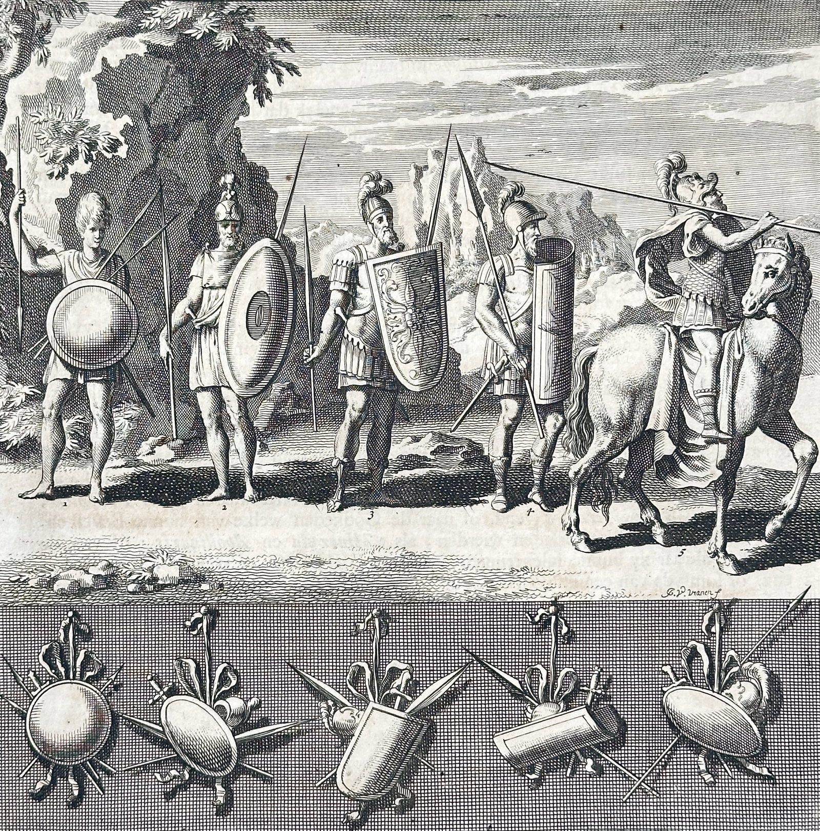 Jan Goeree (1670–1731) – Roman Legionary Troop Types and Equipment – Copperplate engraving (1 of 3)