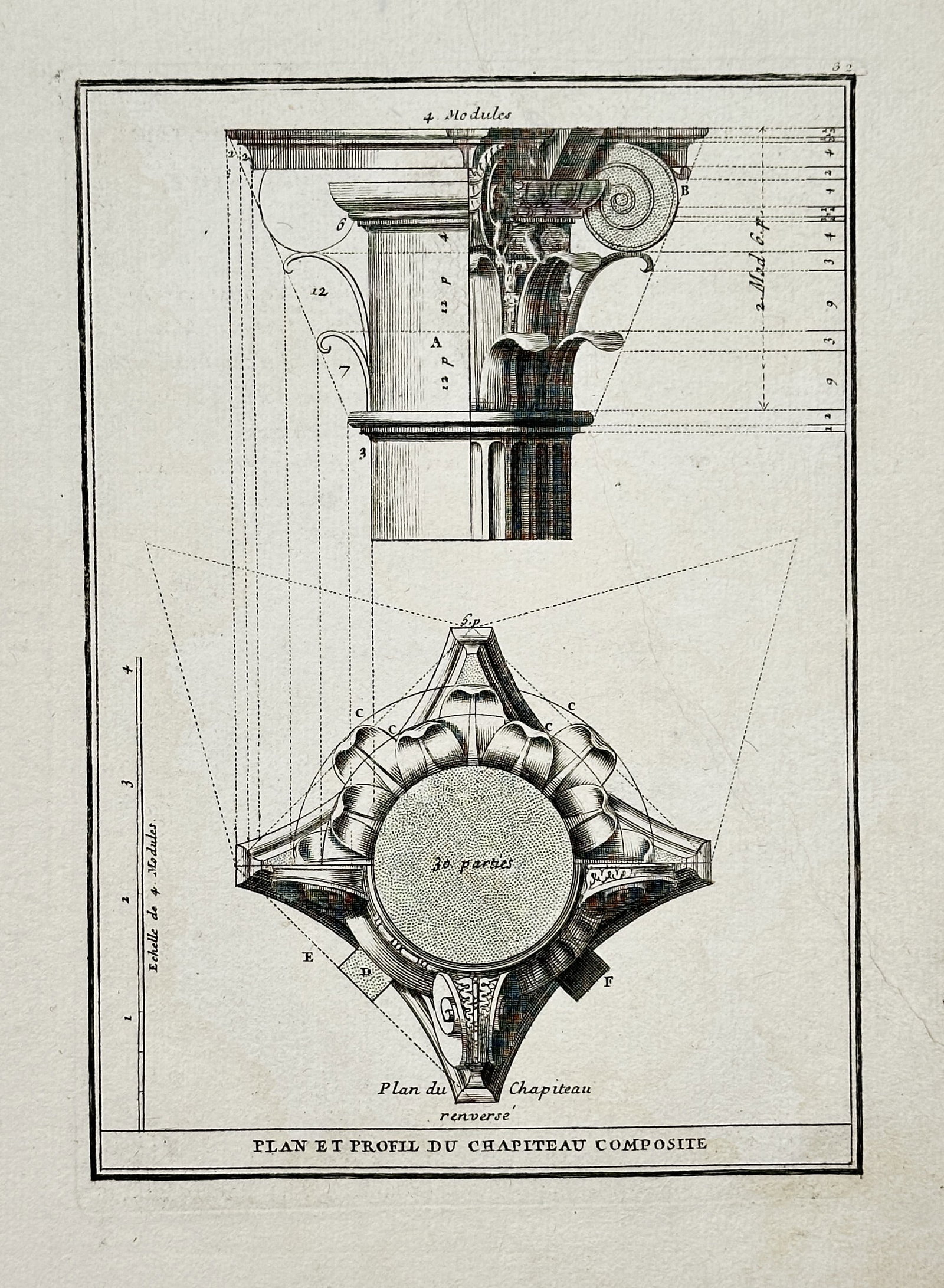 Giacomo Barozzi – Plan and Profile of the Composite Capital – Copperplate engraving (18th: This copperplate engraving displays a detailed technical drawing for the Composite Capital, titled Plan et Profil du Chapiteau Composite. The illustration features both the vertical elevation (profile