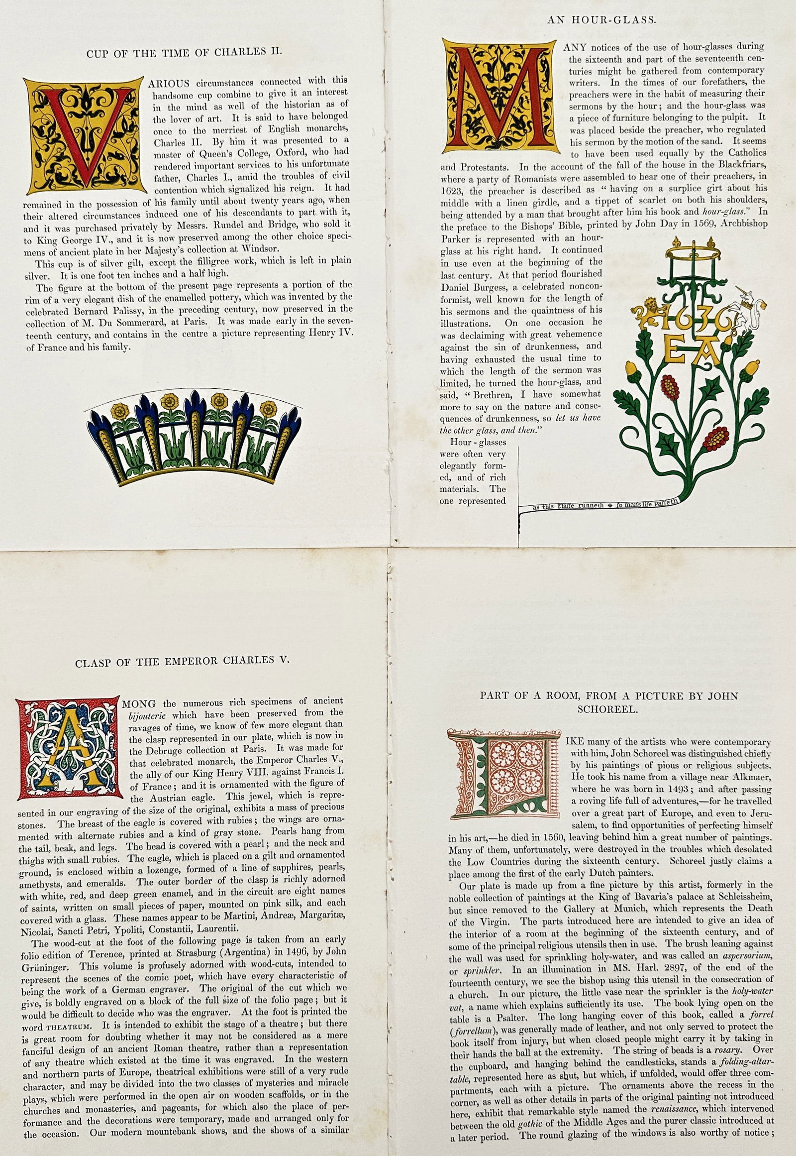 Henry Shaw – Set of 4: Illuminated Text Pages from Dresses and Decorations of the Middle Ages: This set of four text pages features illuminated initials and descriptive text regarding historical artifacts and domestic life, including a Cup of the time of Charles II, an Hour-Glass, the Clasp of 