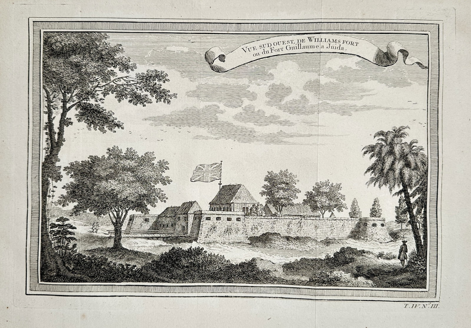 Abbé Prévost – South West View of Fort William on the Isle of Juda (Whydah, West Africa): This topographical copper engraving depicts the South West view of Fort William, a British trading post on the Isle of Juda, now known as Whydah, West Africa. The illustration shows the low-lying fort