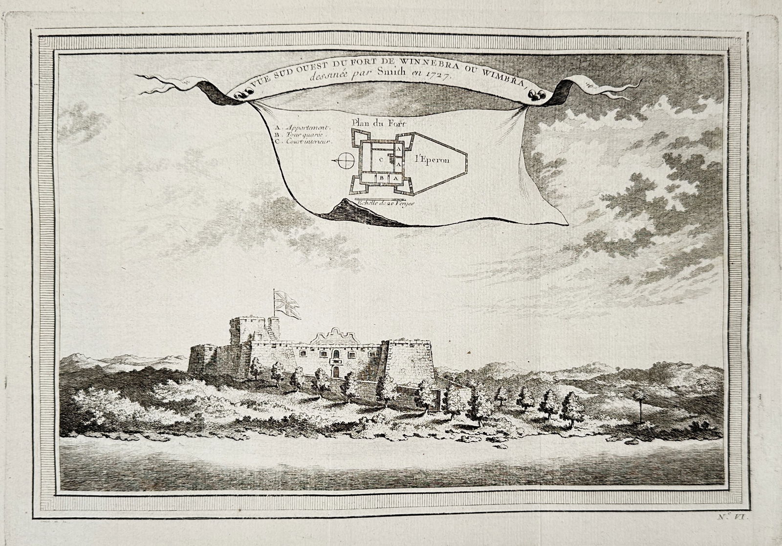 Abbé Prévost – South West View and Plan of Fort Wimper (Ghana, West Africa) – Copper engraving: This topographical copper engraving presents both a view and a plan of Fort Wimper, a historical trading post in West Africa, now located in Ghana. The original drawing for the view is noted as having