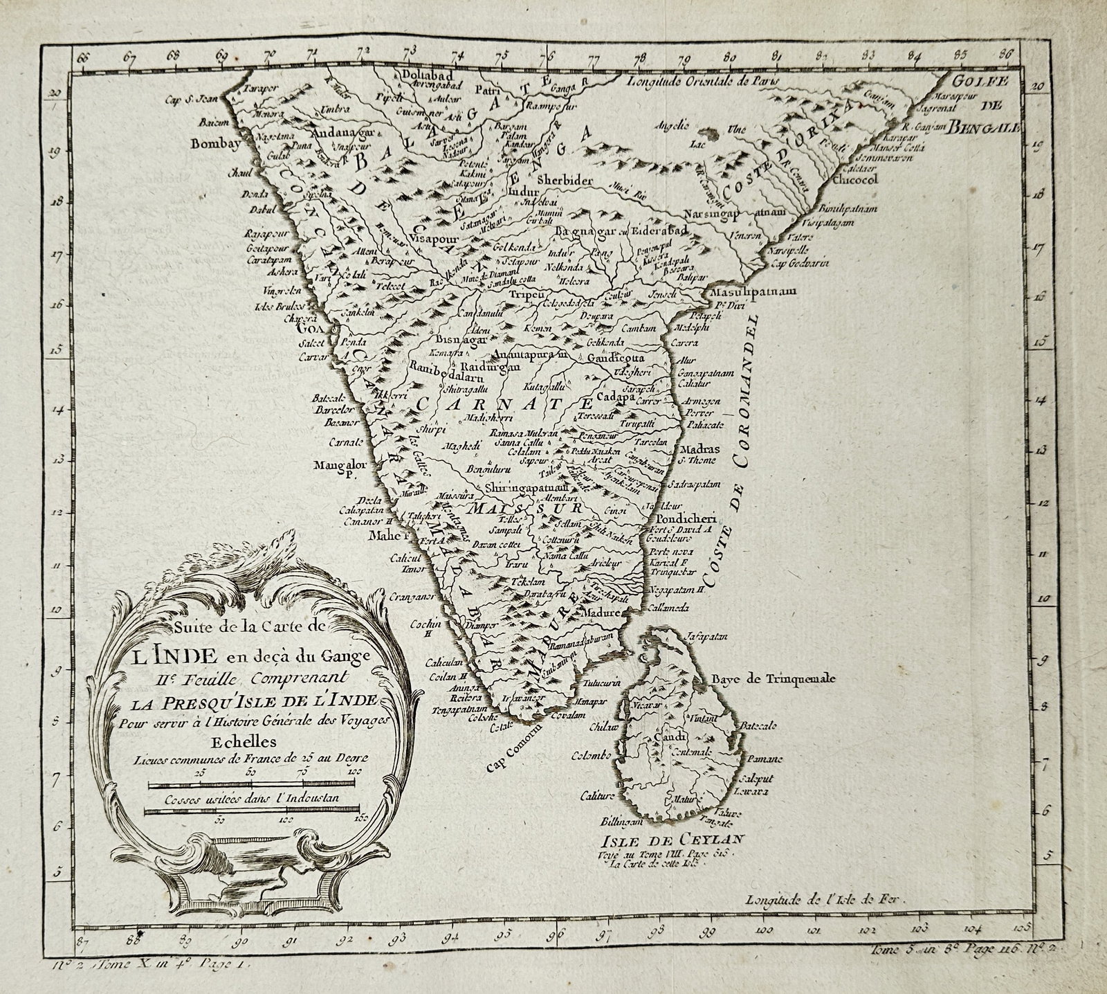 Jacques-Nicolas Bellin – Map of India South of the Ganges and Ceylon (Sri Lanka) – Copper: This copper engraving map depicts the southern region of the Indian subcontinent, encompassing the Deccan Peninsula and the island of Ceylon, marked with various place names, coastal features, and pol