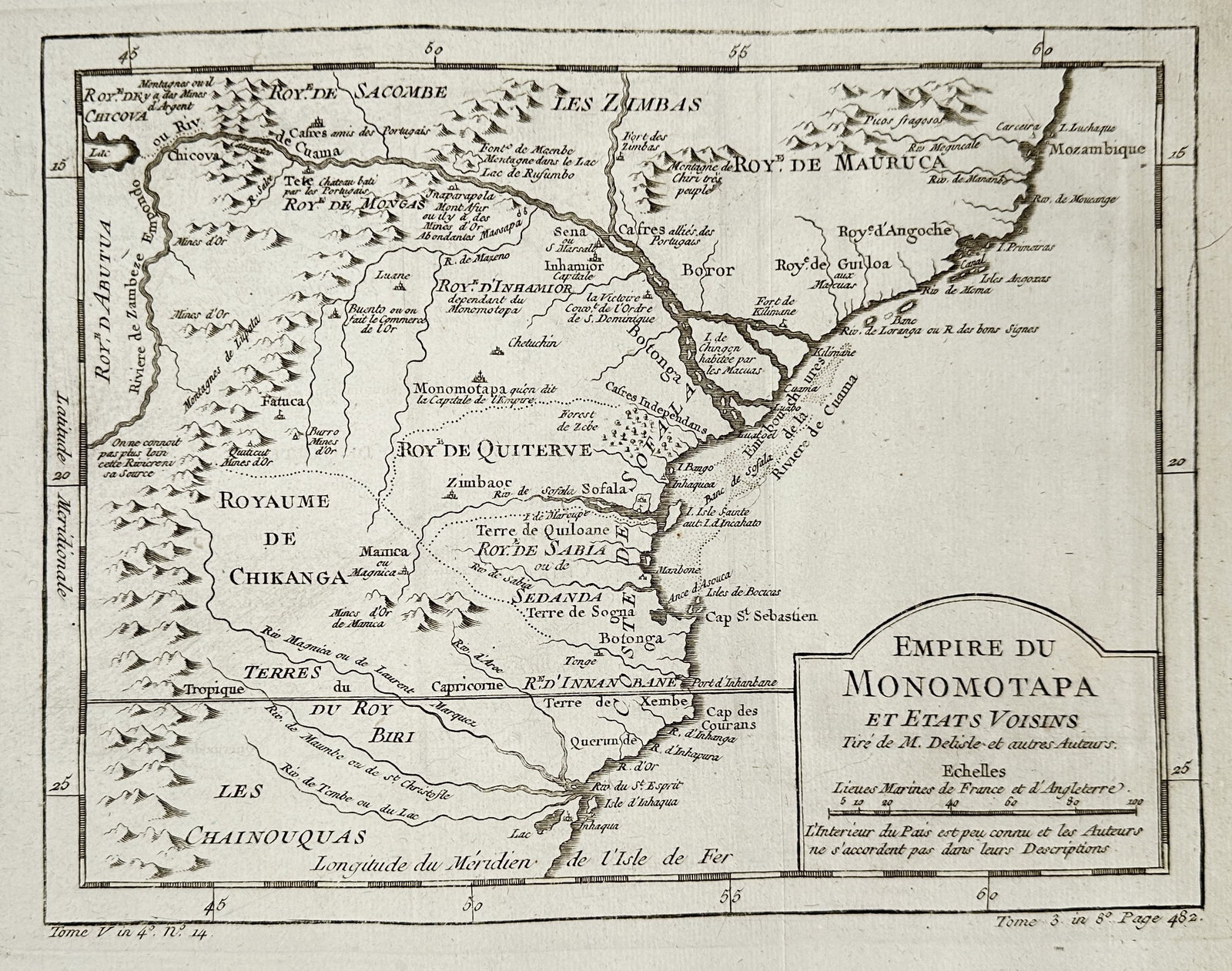 Jacques-Nicolas Bellin – Map of the Empire of Monomotapa and Neighboring States (Southern Africa): This copper engraving map depicts the historical Empire of Monomotapa and its adjacent regions in Southern Africa, showing mountains, rivers, and political divisions, including the Kingdoms of Macua a