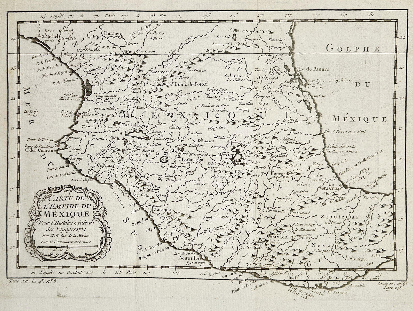 Jacques-Nicolas Bellin (1703–1772) – Map of the Empire of Mexico (Central Mexico) – Copper: This copper engraving map depicts the historical Empire of Mexico, focusing on the central region, showing geographical features, indigenous territories such as Zapotecas, and coastal areas along the 