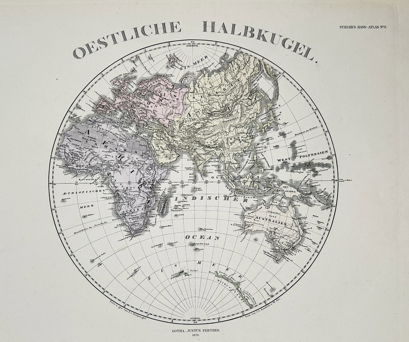 Adolf Stieler (1775–1836) – Map of the Eastern Hemisphere (World Map) – Colored steel (1 of 2)