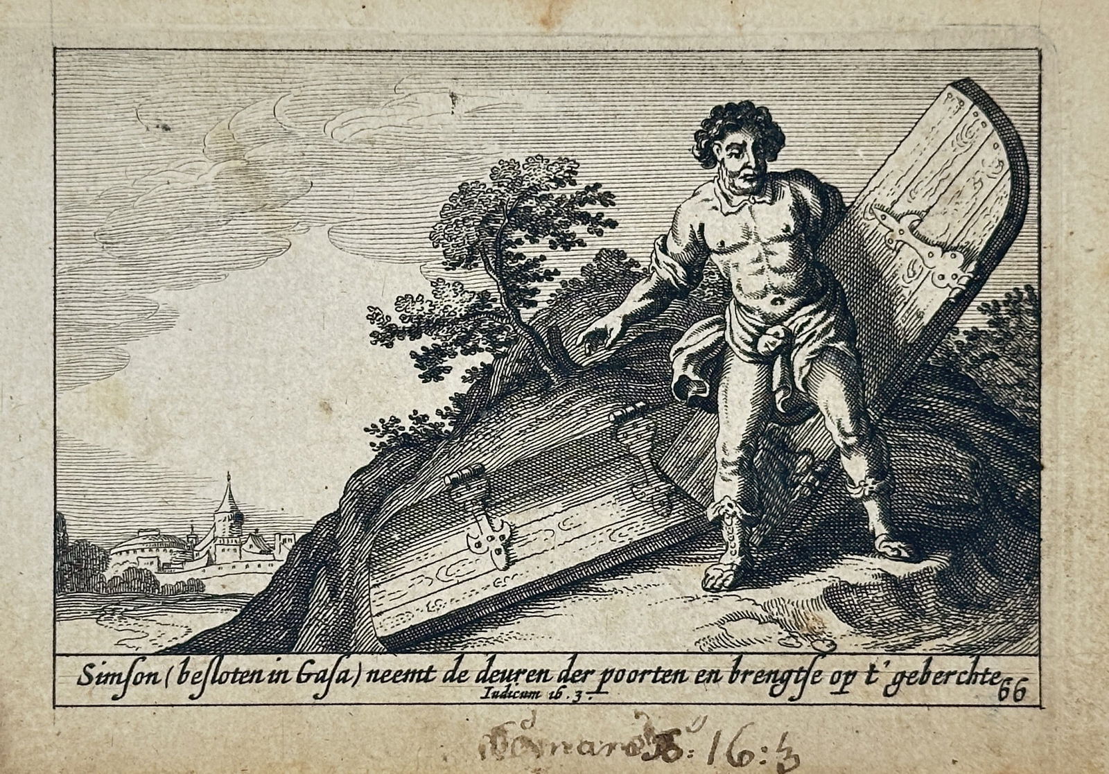 Pieter H. Schut (c. 1619–1660) – Samson Carries Away the Gates of Gaza – Engraving (1 of 2)