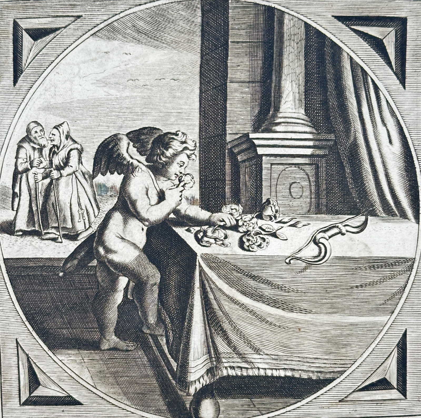 Jacob Cats – Emblem: What Lies Hidden, Is Superior (Quod Latet, Id Præstat) – Engraving: This page from an emblem book features a central engraving illustrating the Latin motto, Quod Latet, Id Præstat (What lies hidden, is superior or what is concealed excels). The image depicts Cupid te