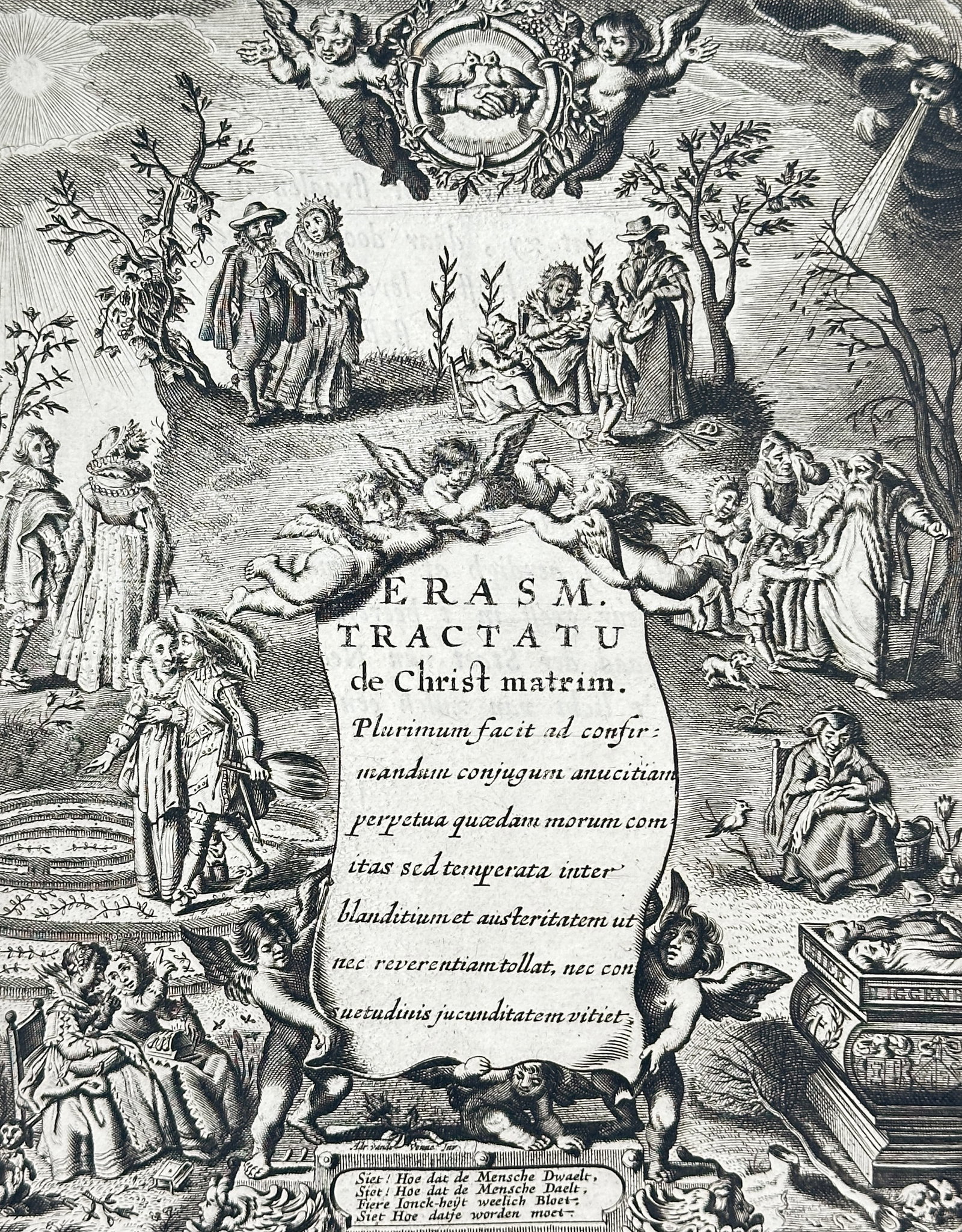 Jacob Cats – Title Page: Marriage (Houwelick), The Whole Course of the Married State: This print is the title page for Jacob Cats's celebrated didactic work, Houwelick (Marriage), detailing the stages of a woman's life from maidenhood to widowhood. The page features a large central all