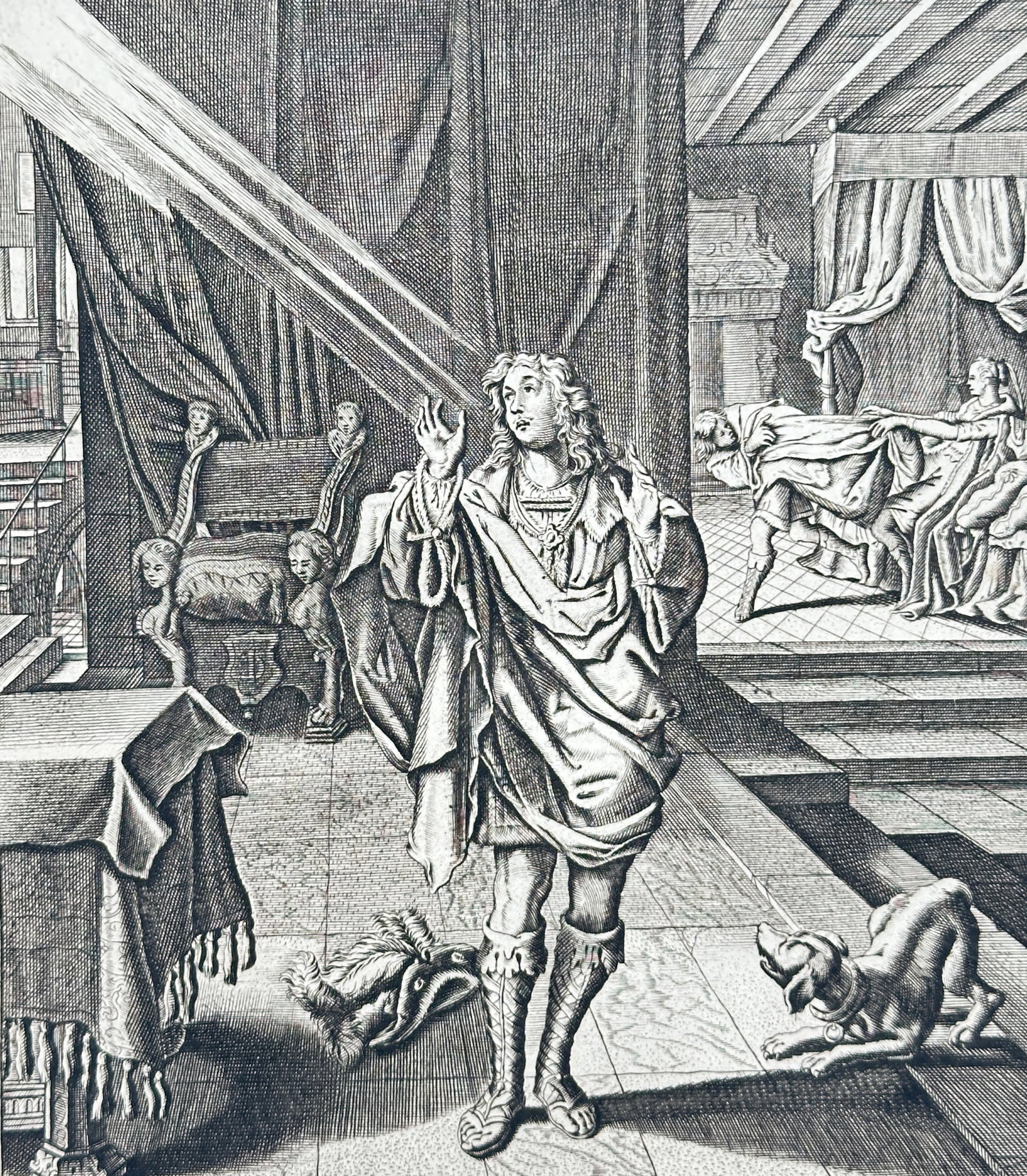 Jacob Cats – Title Page: Self-Struggle (Self-Stryt), Internal Wrestling of Good and Evil Thoughts: This print is the title page for Jacob Cats's celebrated didactic work, Self-Stryt (Self-Struggle), detailing the internal moral conflict faced by man. The page features a central allegorical engravin