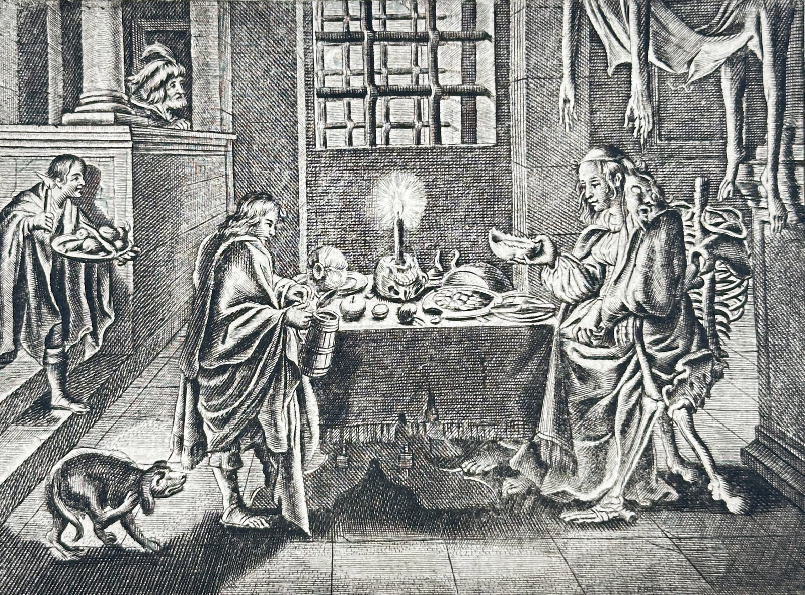 Jacob Cats – Illustration from Self-Struggle: The Story of Joseph – Engraving and letterpress: This print is a book page featuring a central engraving that illustrates a didactic scene, likely related to the biblical figure of Joseph and his struggles with temptation or vice. The indoor setting