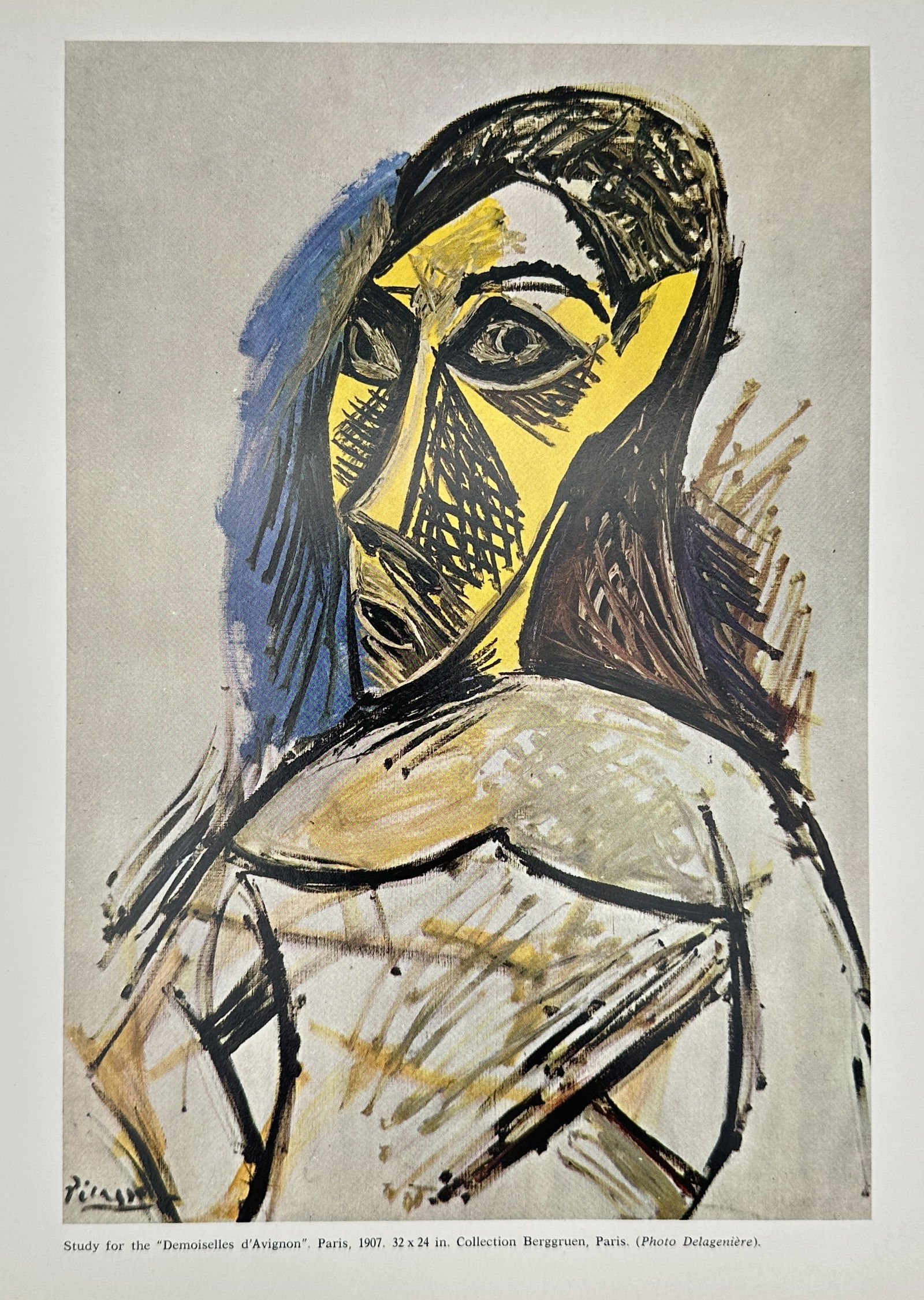 Pablo Picasso (1881–1973), after – Study for the Demoiselles d'Avignon – Offset print (20th: This offset print captures Pablo Picasso’s 1907 study for his seminal painting, Les Demoiselles d'Avignon. The composition features an aggressively simplified and distorted female head, rendered wit