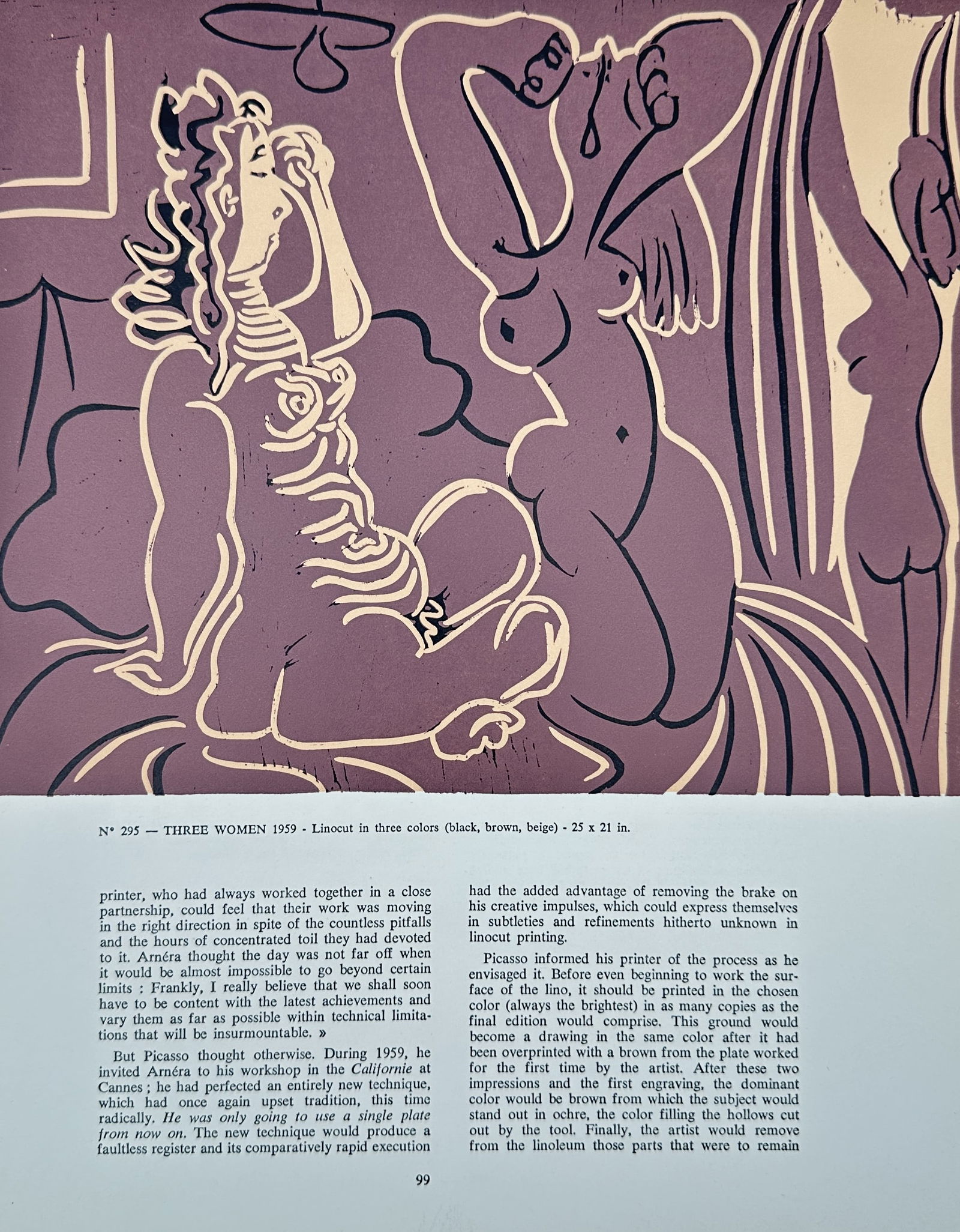 Pablo Picasso (1881–1973), after – Three Women – Offset print (20th Century): This offset print captures Pablo Picasso’s 1959 linocut, Three Women, originally executed using three color blocks (black, brown, beige). The composition features three heavily stylized, nude female