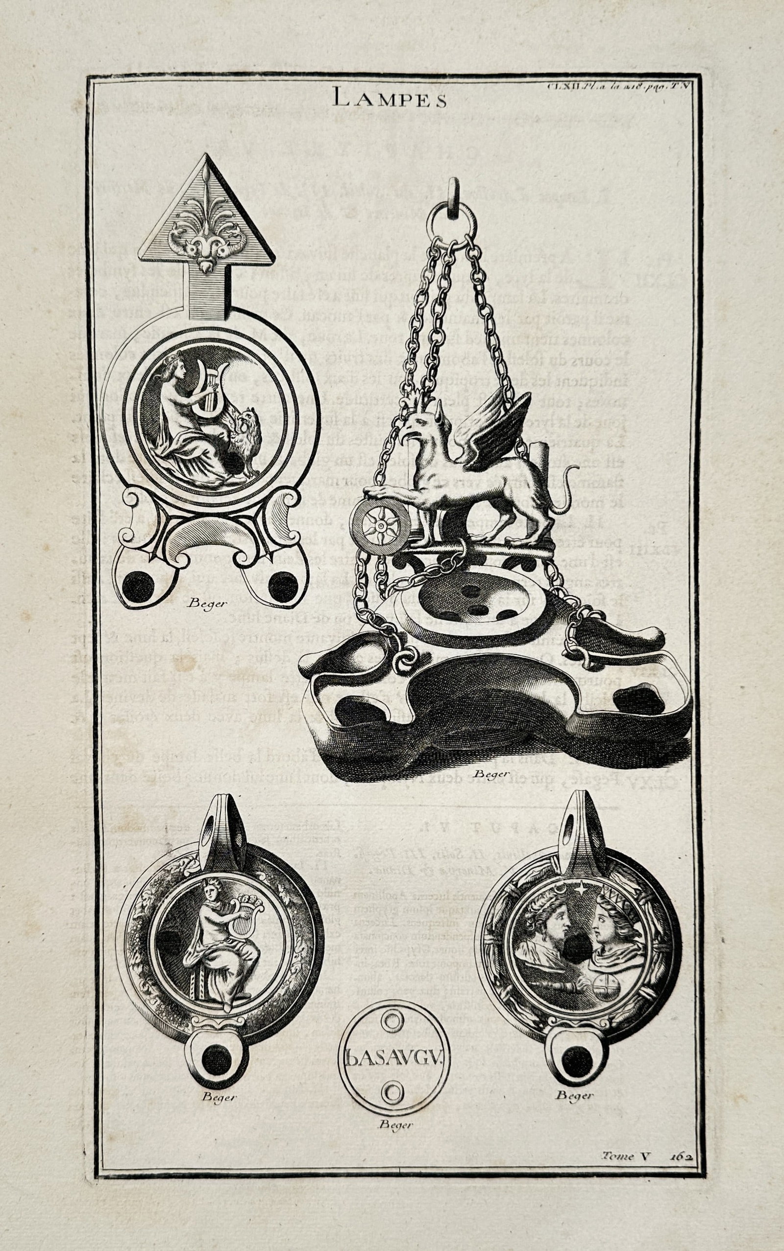 Bernard de Montfaucon – Hanging Lamp and Decorative Oil Lamps – Copperplate engraving (1 of 2)