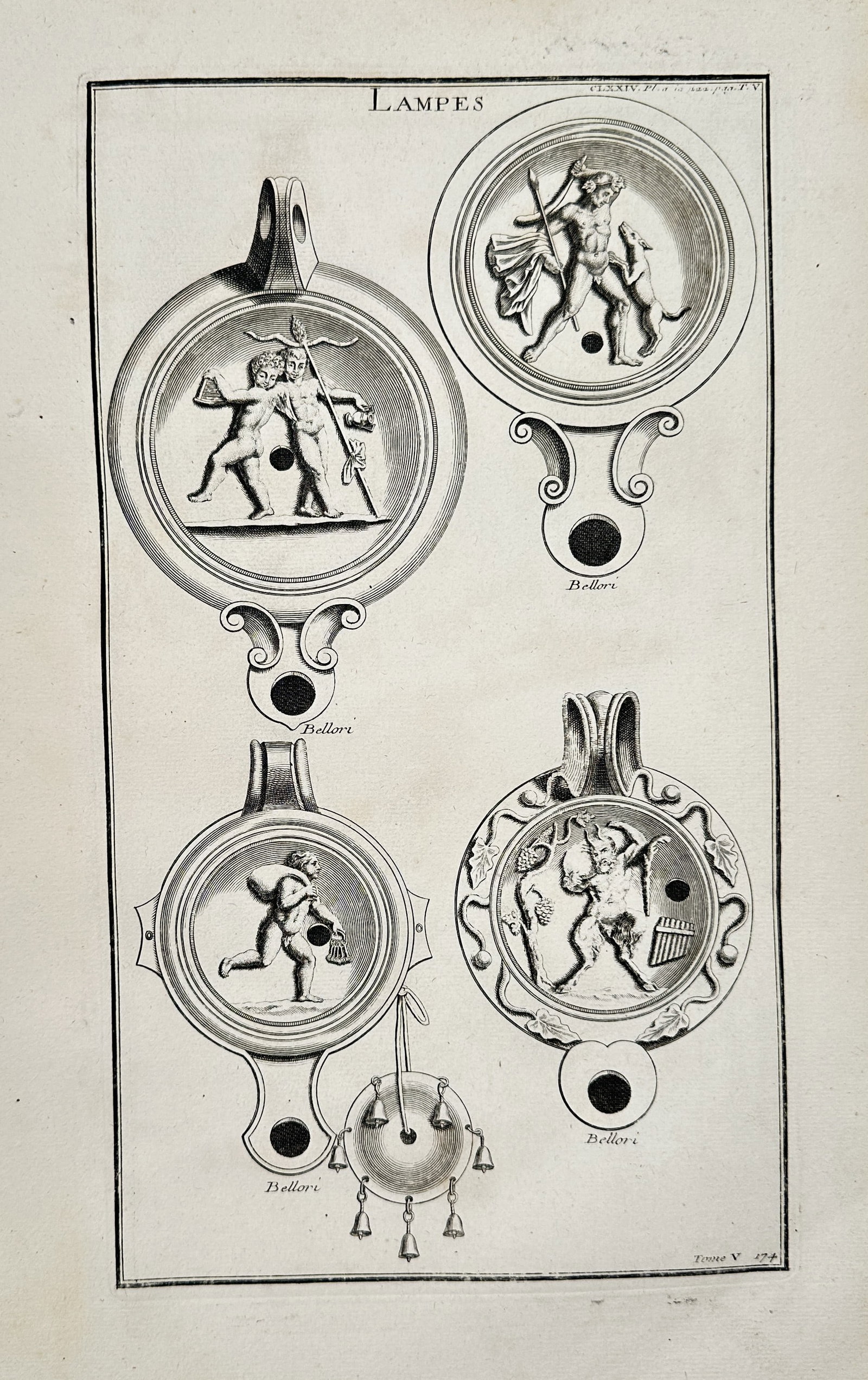 Bernard de Montfaucon – Lamps Depicting Dynamic Figures and Genre Scenes – Copperplate engraving (1 of 2)