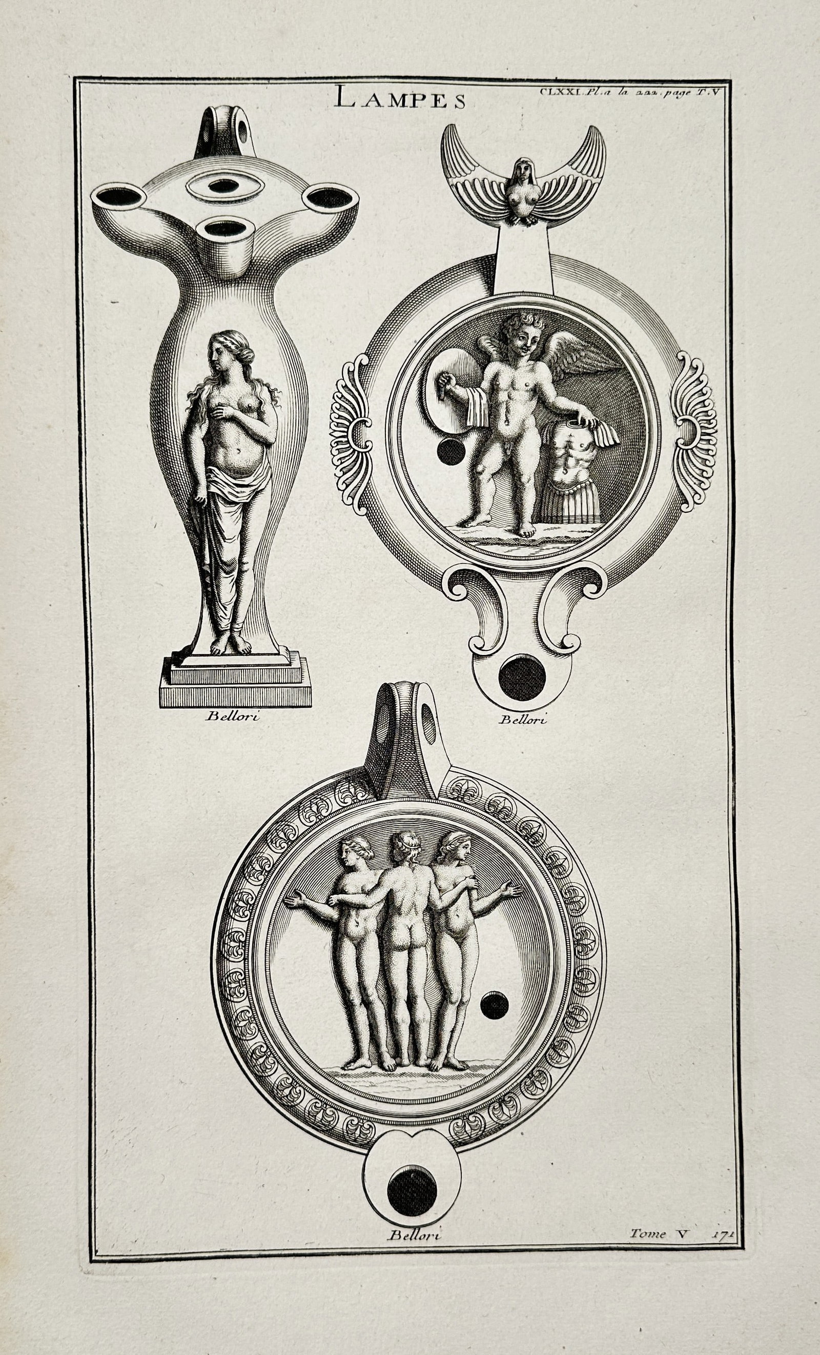 Bernard de Montfaucon – Lamps Depicting the Three Graces and Figurative Statues: This copperplate engraving illustrates three ancient Roman oil lamps, including a rare statuette lamp depicting a standing nude female figure, and two circular lamps. The relief designs feature a wing