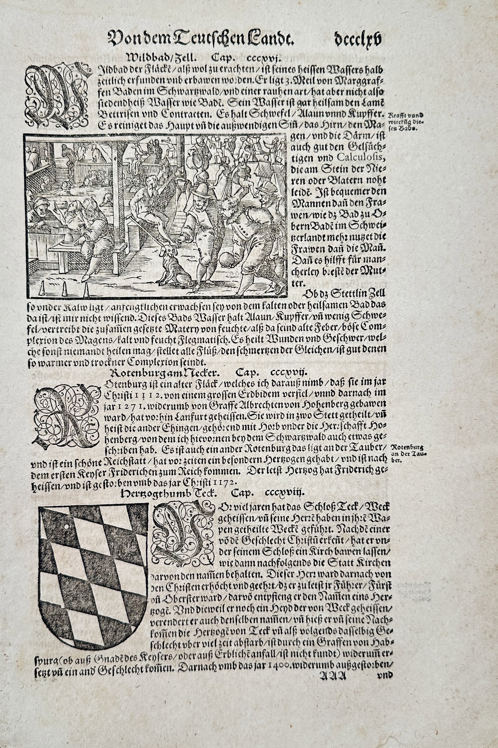 Sebastian Münster – Text Page with Bavarian Coat of Arms and Town Life Scene – Woodcut print (1 of 2)