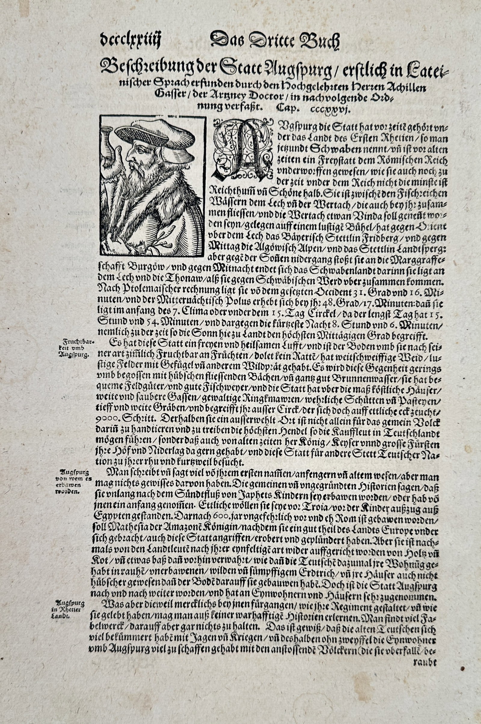 Sebastian Münster (1488–1552) – Text Page with Portrait and Description of Augsburg: This woodcut print is a textual page from the Third Book of the treatise, featuring German text titled, "Description of the City of Augsburg." The page includes a prominent woodcut portrait bust of a 