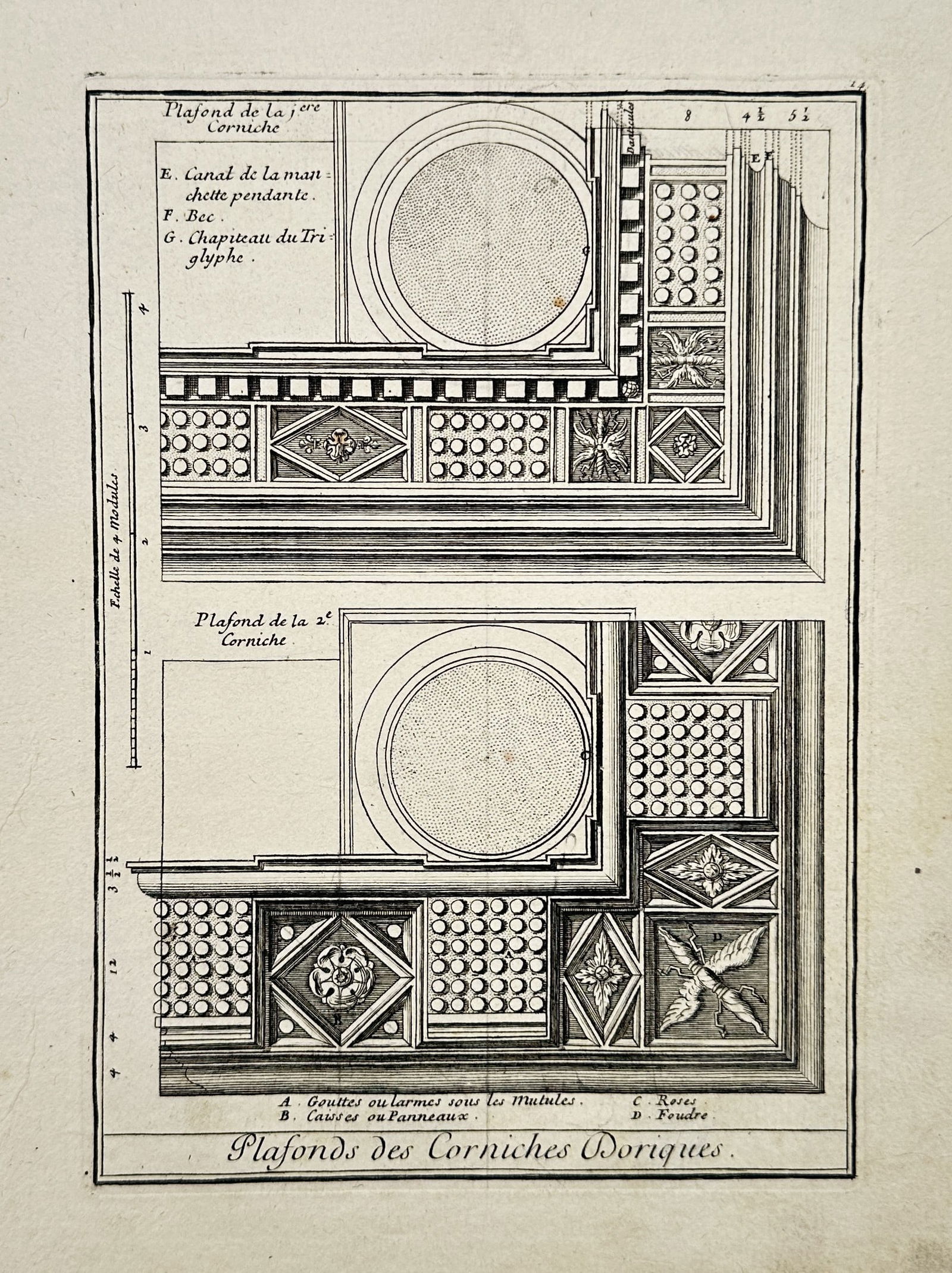 Giacomo Barozzi da Vignola – Soffits of Doric Cornices – Engraving (18th Century) (1 of 2)